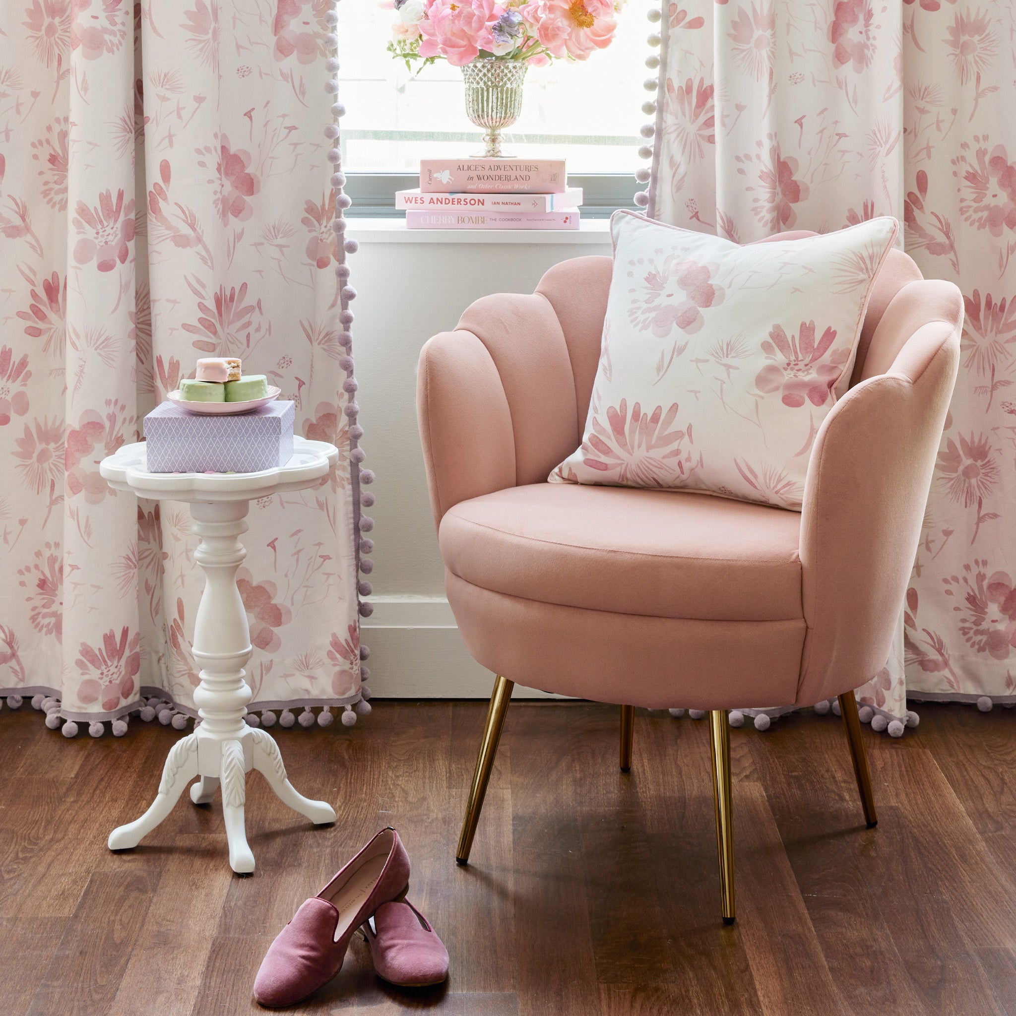Blake fabric cushion with pink floral design on cotton, paired with matching curtains, made-to-order in the USA with quick turnaround
