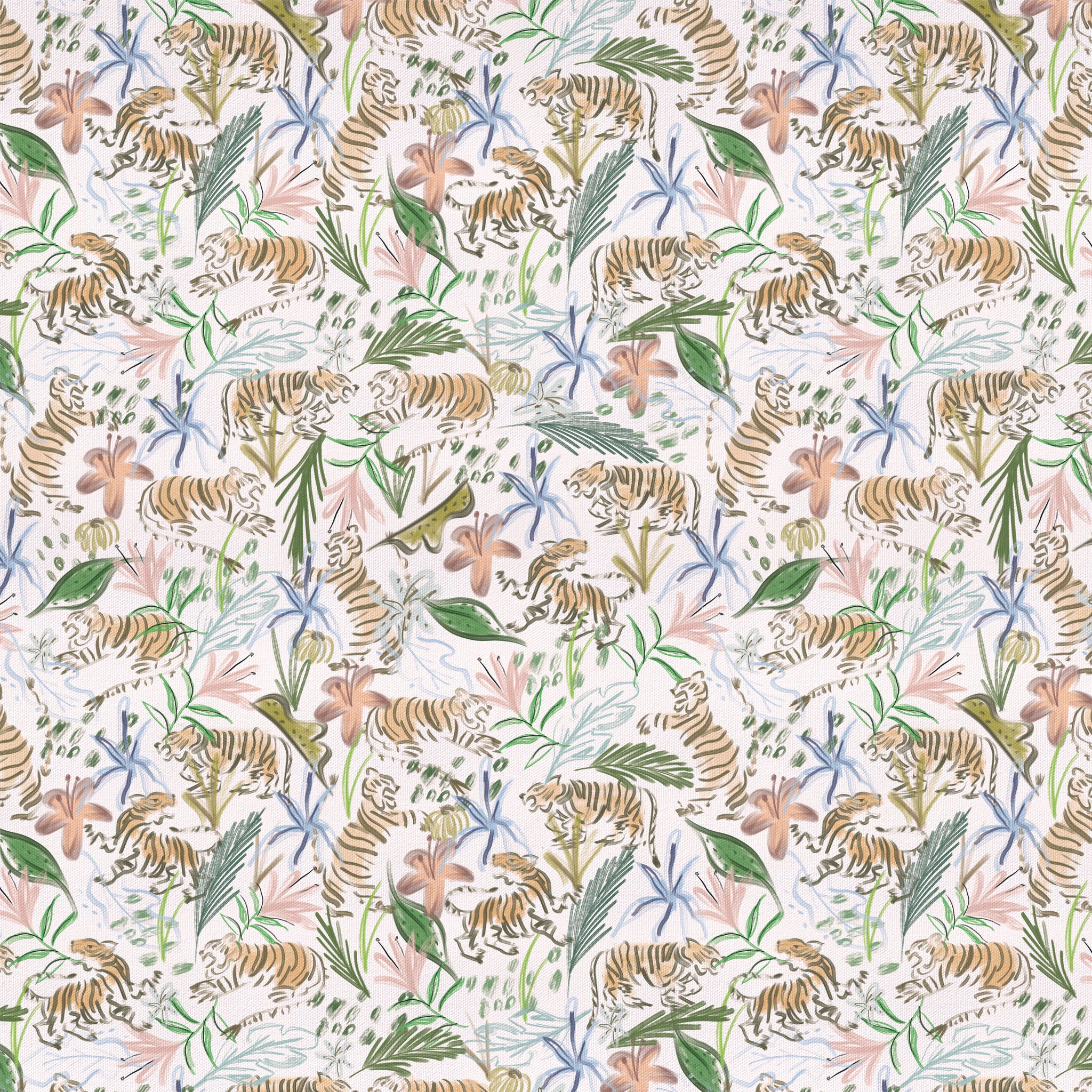 Frida Pink fabric with delicate tiger and botanical motifs in soft pink and green, made-to-order in the USA with quick turnaround