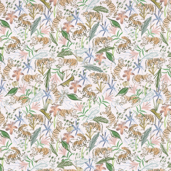Frida Pink fabric with delicate tiger and botanical motifs in soft pink and green, made-to-order in the USA with quick turnaround