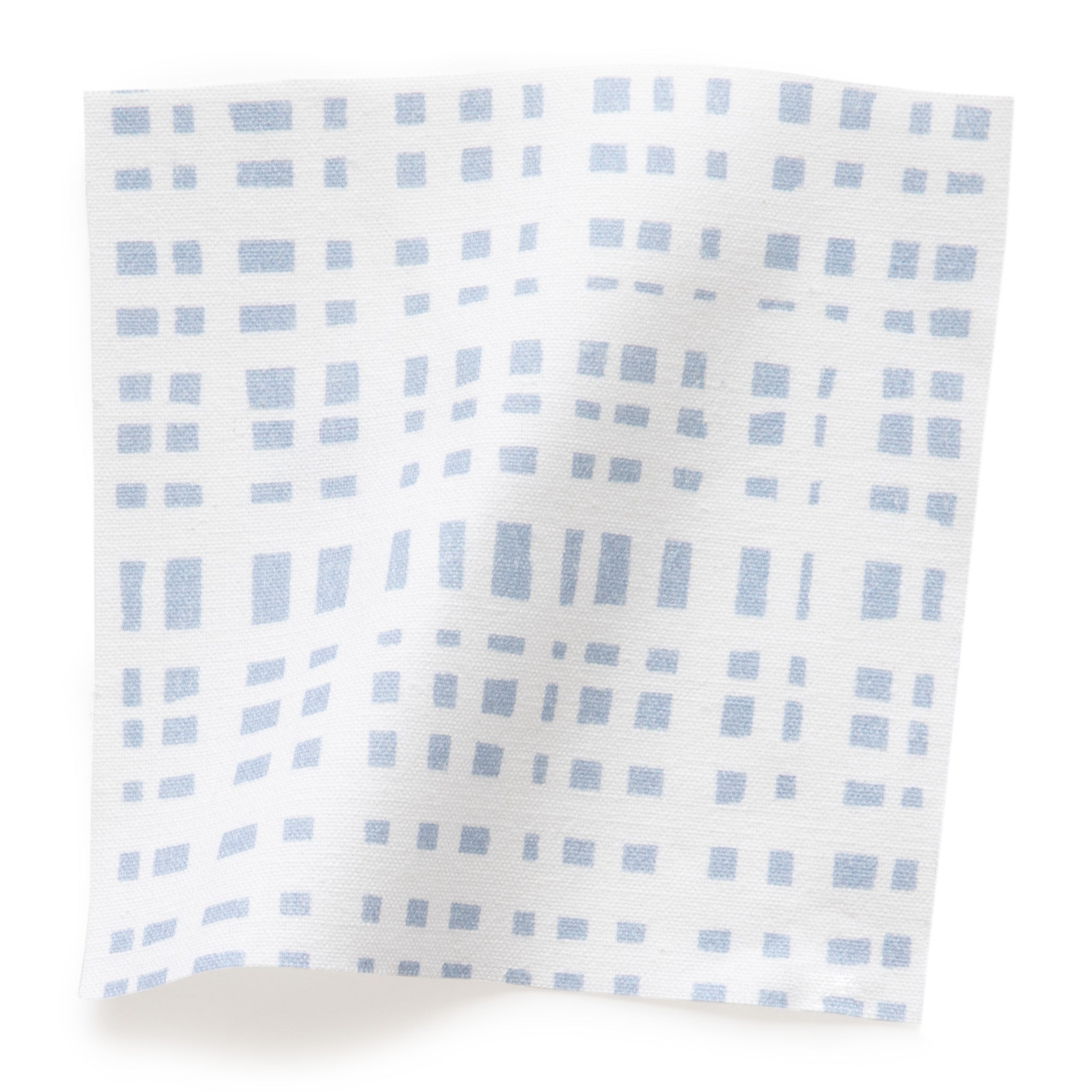 Ginger fabric with light blue geometric grid pattern on white background, made-to-order in the USA with quick turnaround