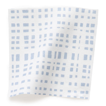Ginger fabric with light blue geometric grid pattern on white background, made-to-order in the USA with quick turnaround