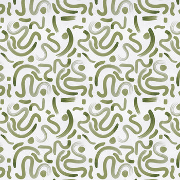 Hockney Moss cotton fabric with abstract green brushstroke pattern, made-to-order in the USA with quick turnaround