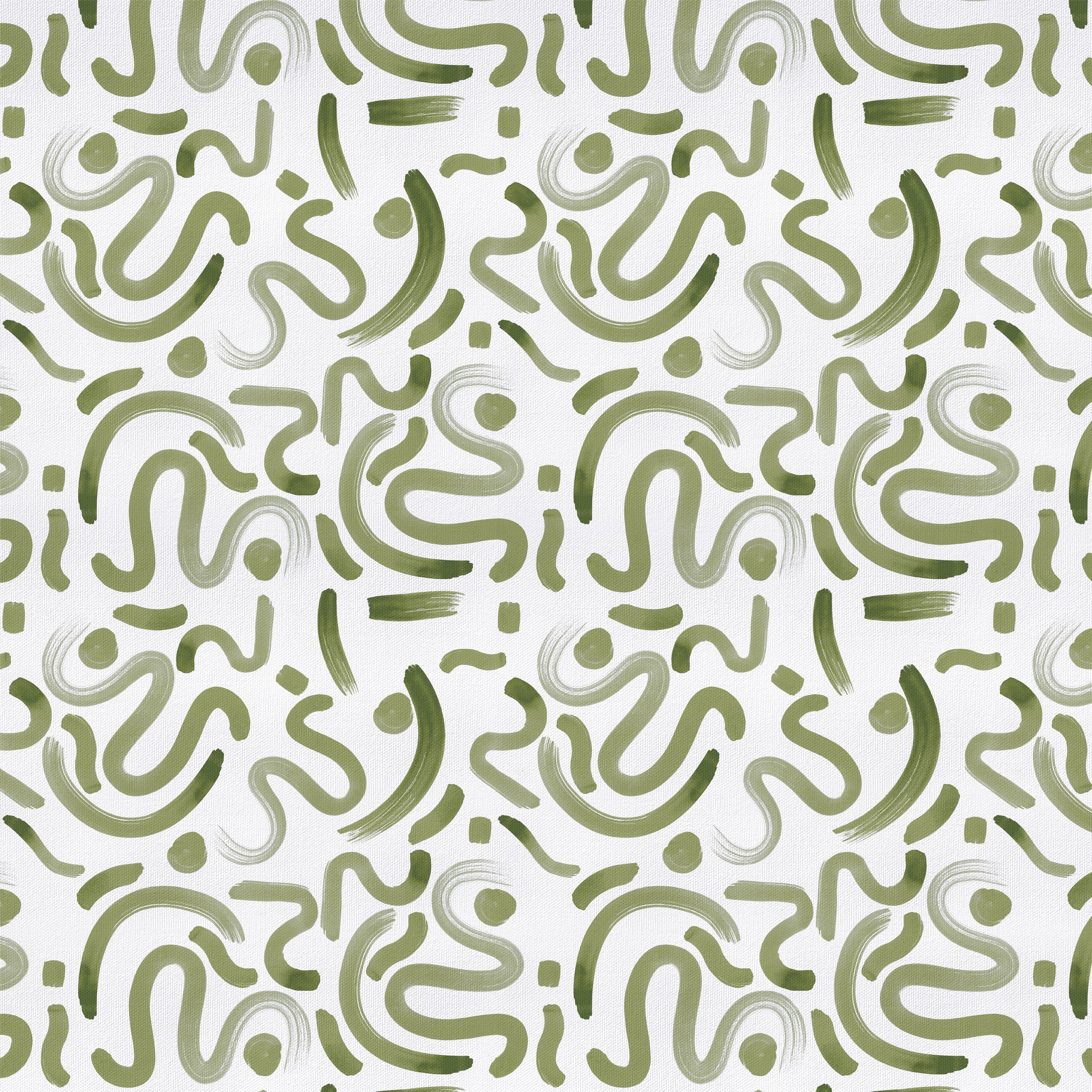Hockney Moss cotton fabric with abstract green brushstroke pattern, made-to-order in the USA with quick turnaround