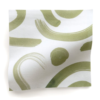 Hockney Moss cotton fabric with abstract moss green brushstroke design, made-to-order in the USA with fast turnaround