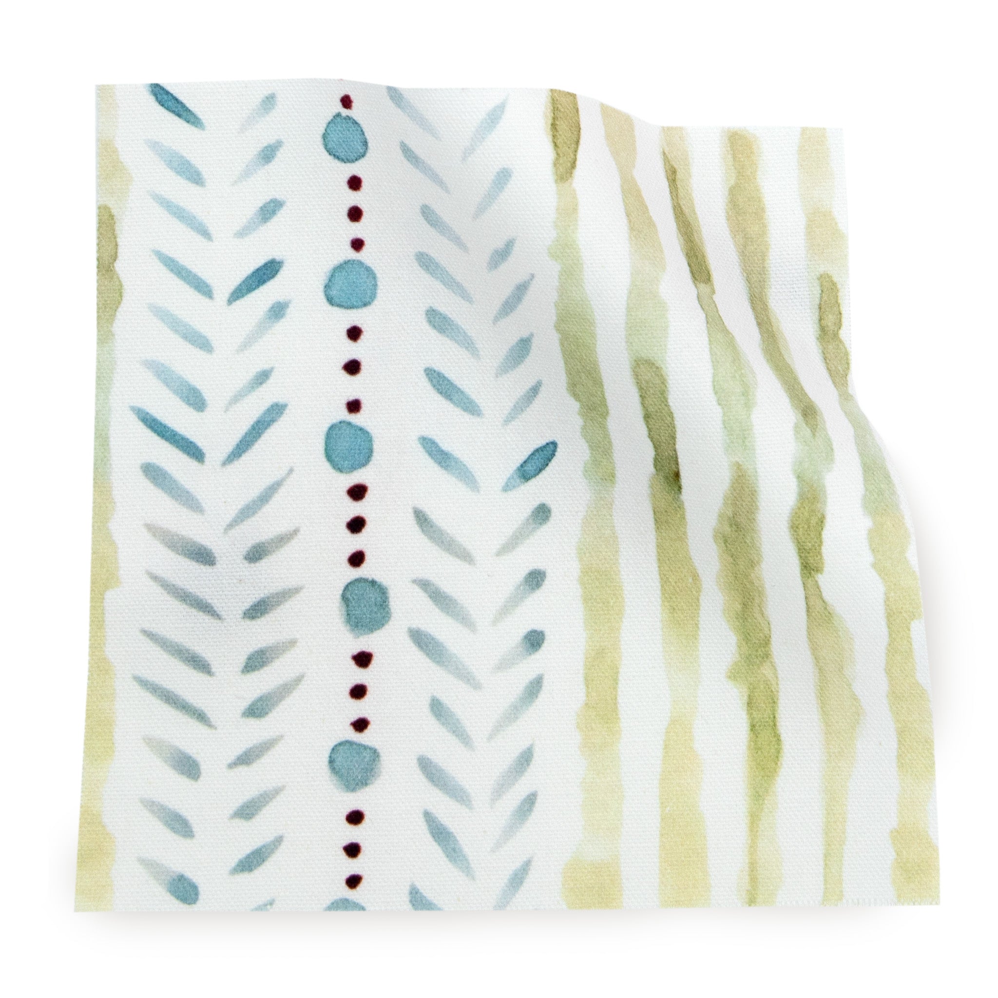 Julia cotton fabric with soft blue and olive hand-painted stripes and dots, made-to-order in the USA with short lead times