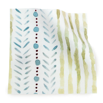 Julia cotton fabric with soft blue and olive hand-painted stripes and dots, made-to-order in the USA with short lead times