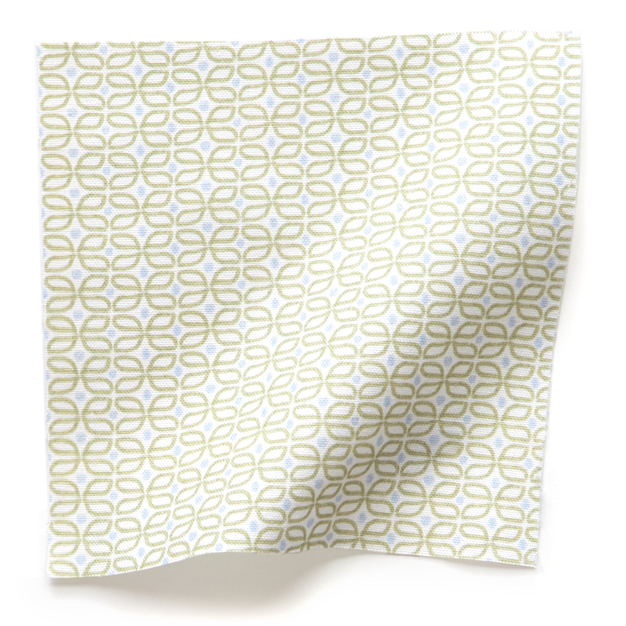 Loomi Moss fabric with delicate green geometric pattern on white cotton, made-to-order in the USA with short lead times