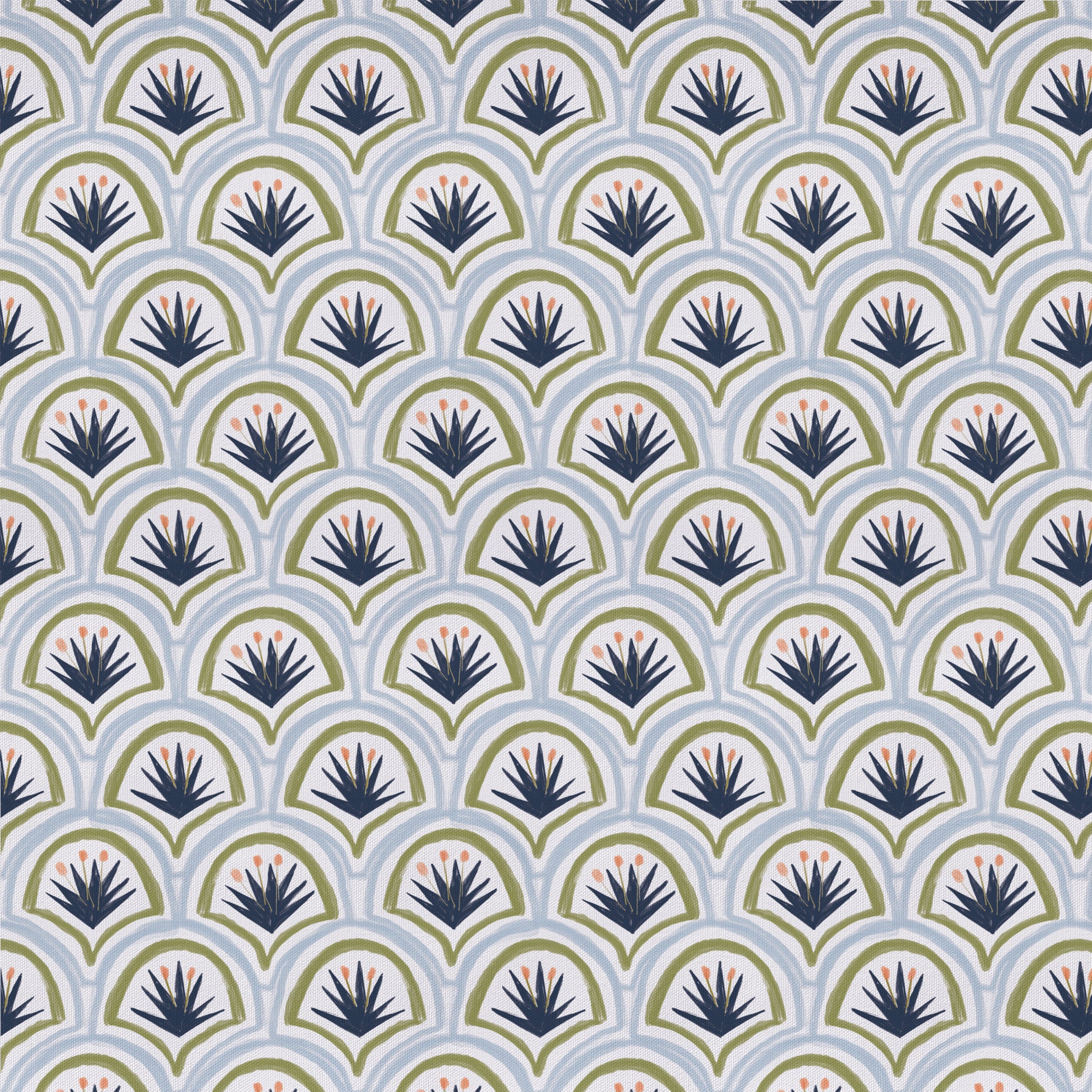 Thatcher Midnight made-to-order cotton fabric with navy and olive geometric pattern, manufactured in the USA with quick turnaround