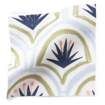 Thatcher Midnight made-to-order fabric swatch with navy, olive, and soft blue pattern, manufactured in the USA fast