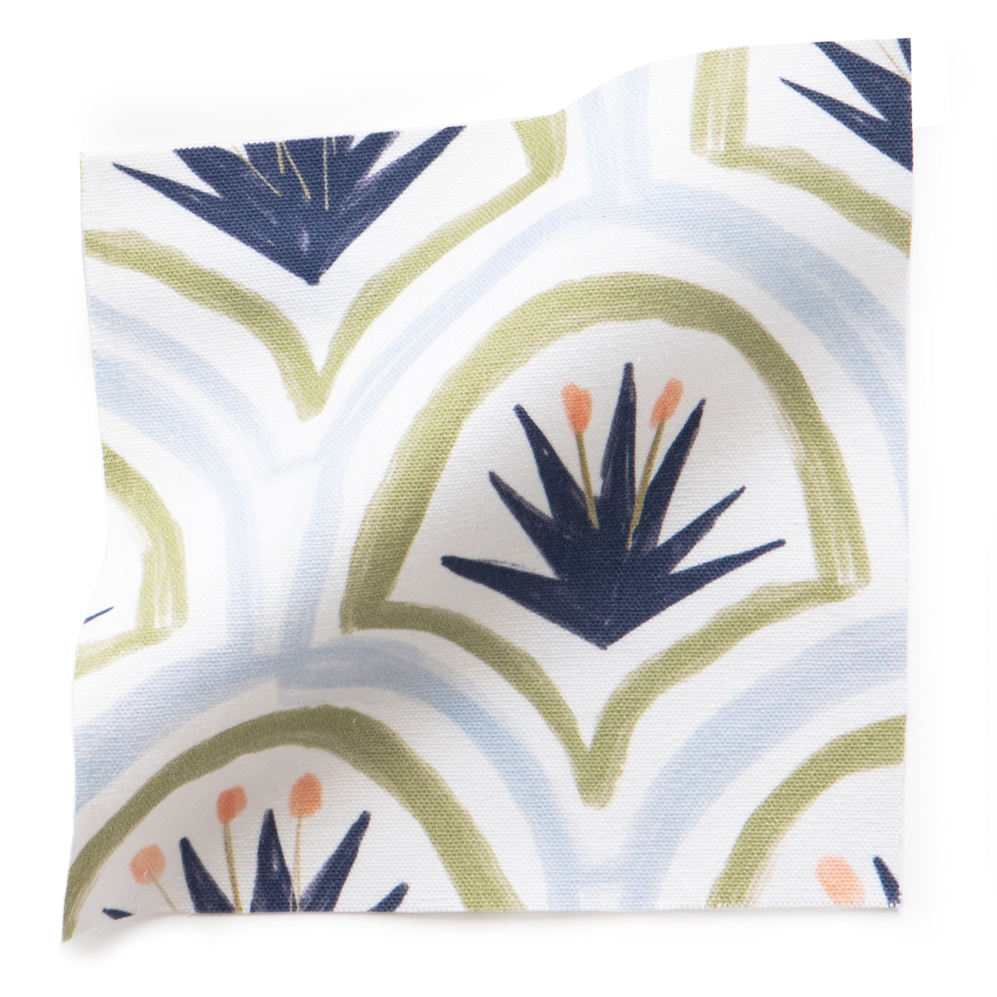 Thatcher Midnight made-to-order fabric swatch with navy, olive, and soft blue pattern, manufactured in the USA fast