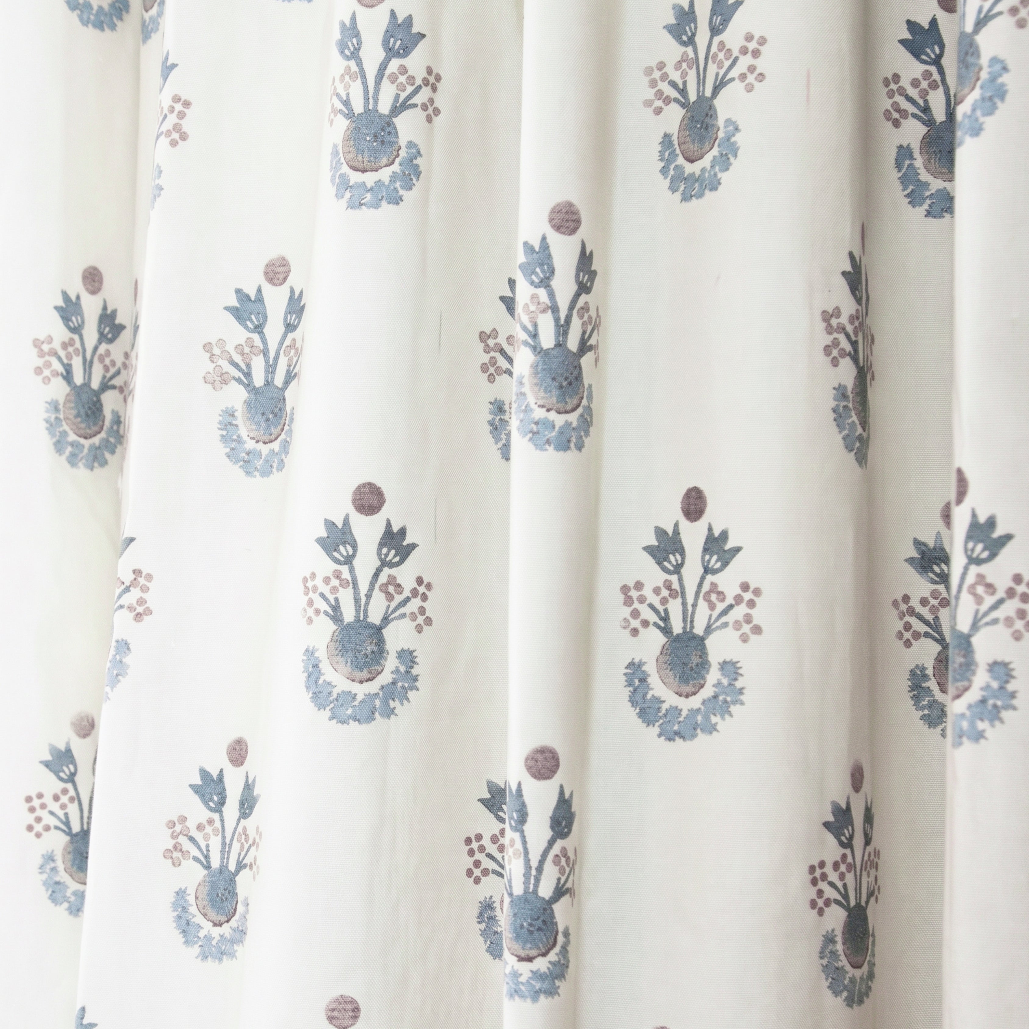 Lucie Cornflower custom curtains with delicate blue floral print on cream cotton, made-to-order, short lead times, manufactured in the USA quality