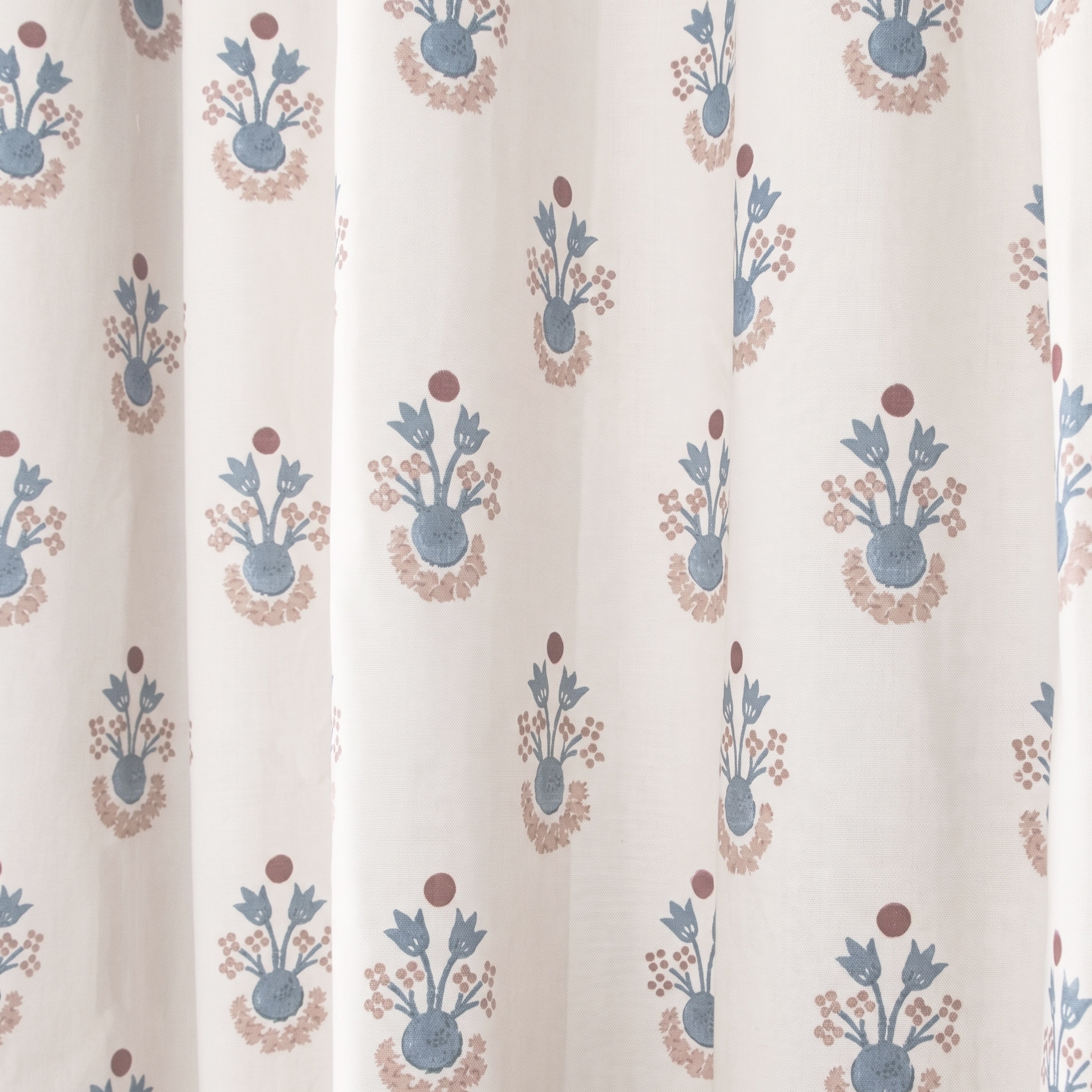 Lucie Harbor curtains in soft cotton with blue and beige botanical print, made-to-order, short lead times, manufactured in the USA quality