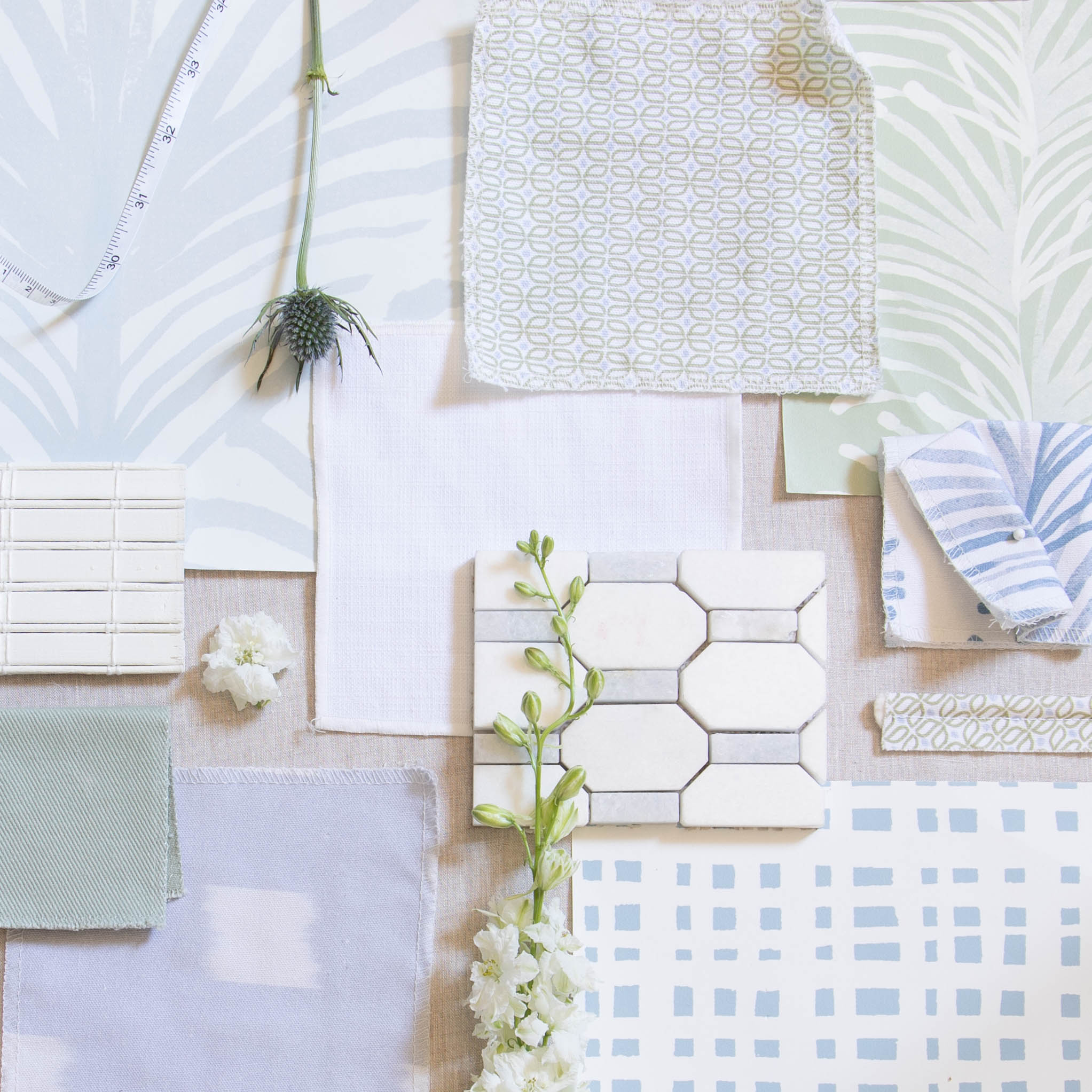 Snow made-to-order fabric and tile samples in soft neutrals, crafted in the USA with fast turnaround and quality design