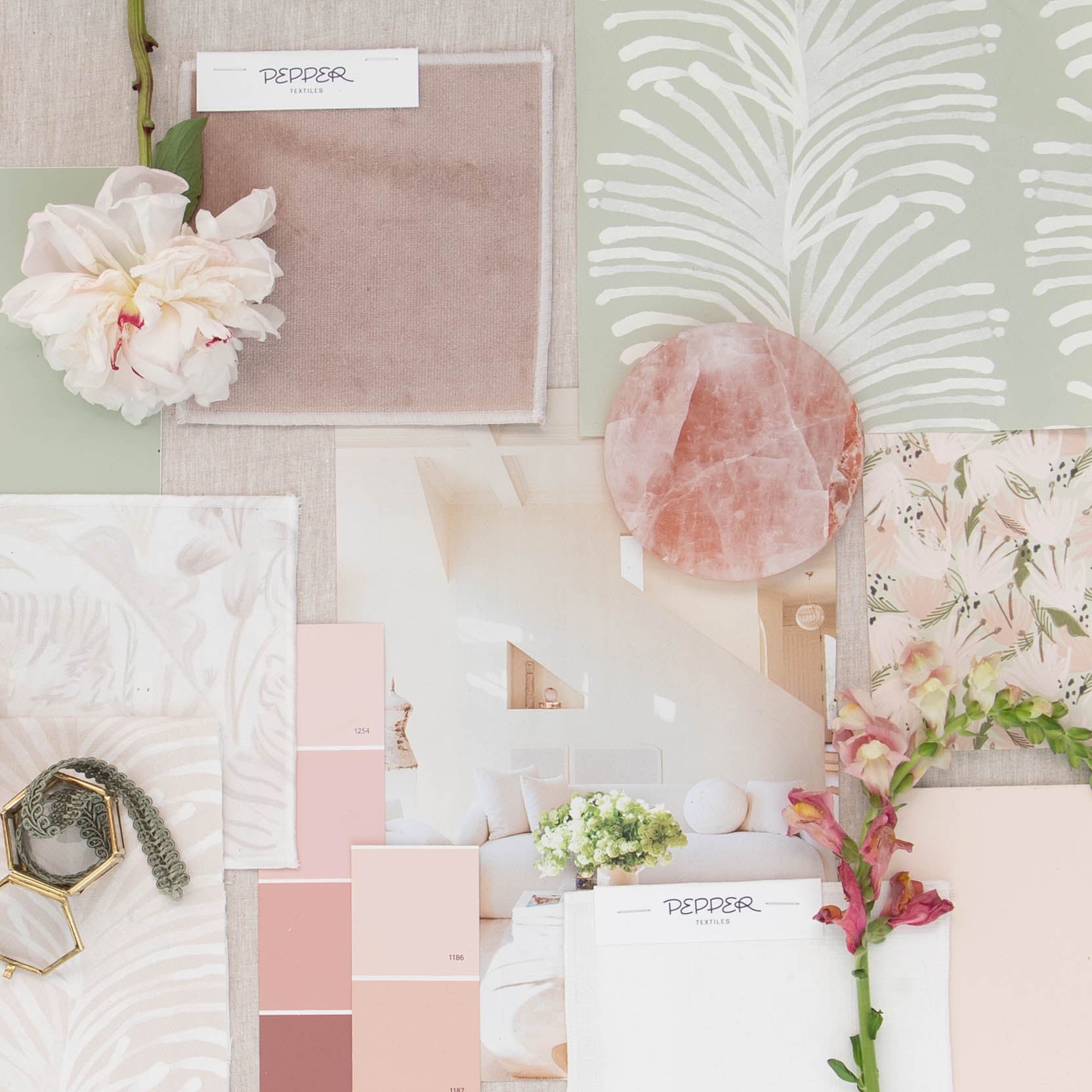 Blake fabric swatches in soft pinks and greens with floral accents, made-to-order in the USA with quick turnaround