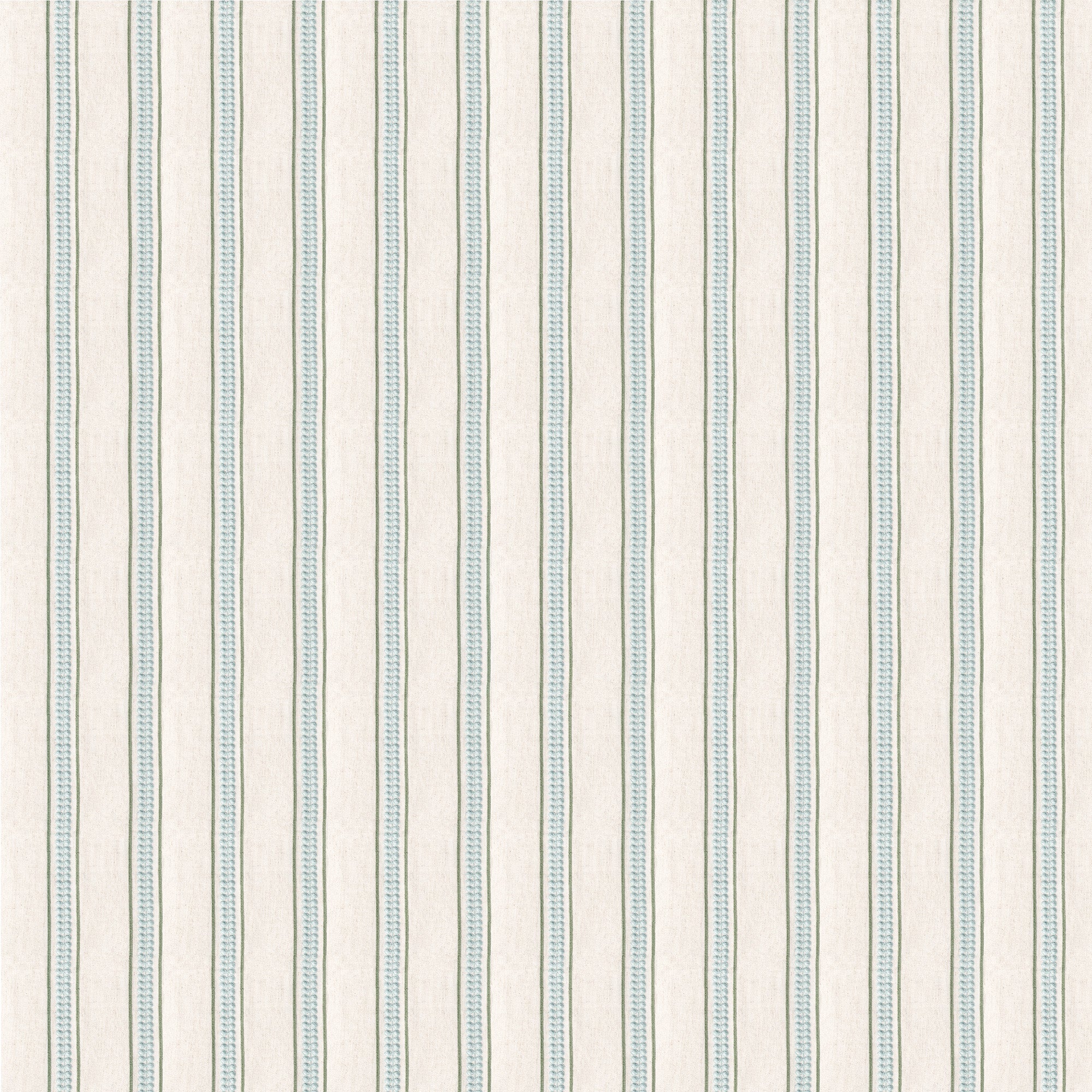 Margot Fern custom fabric with delicate soft green and blue embroidered stripes on natural linen-blend by Pepper Home.