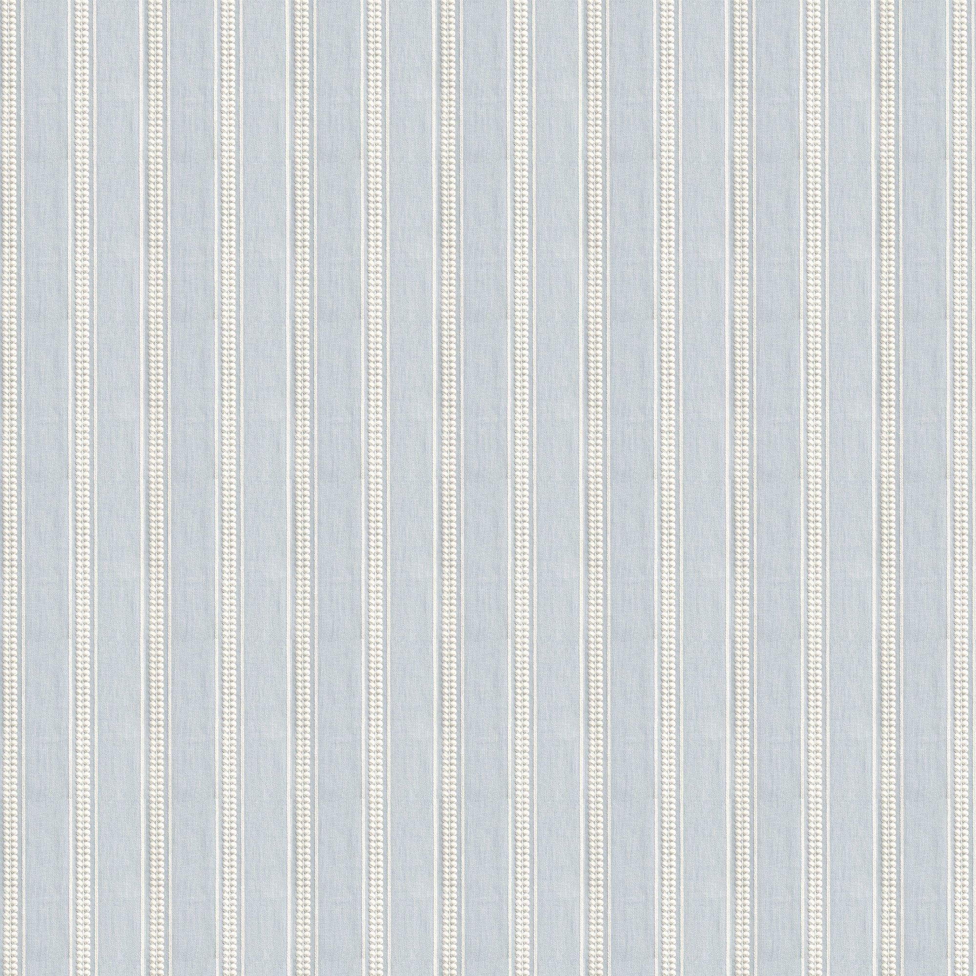 Margot Mist fabric with delicate white embroidery on soft blue stripes, perfect for custom sheer curtains by Pepper Home.
