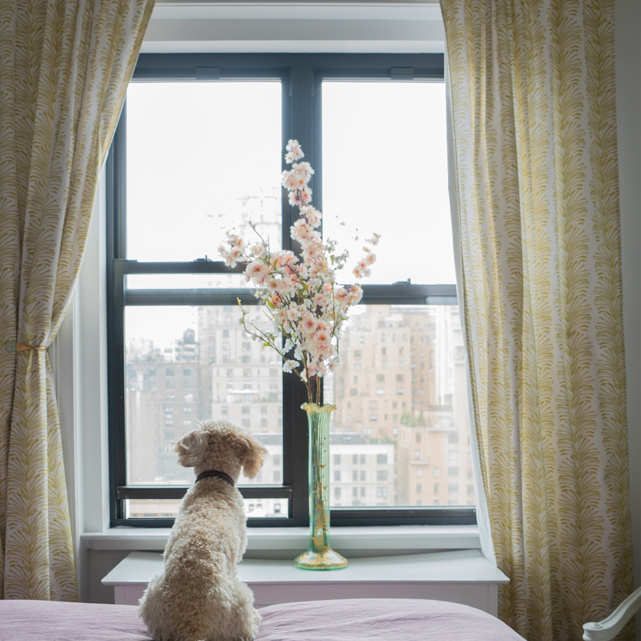 Emma Chartreuse curtains with subtle botanical pattern, made-to-order in the USA with short lead times and quality craftsmanship