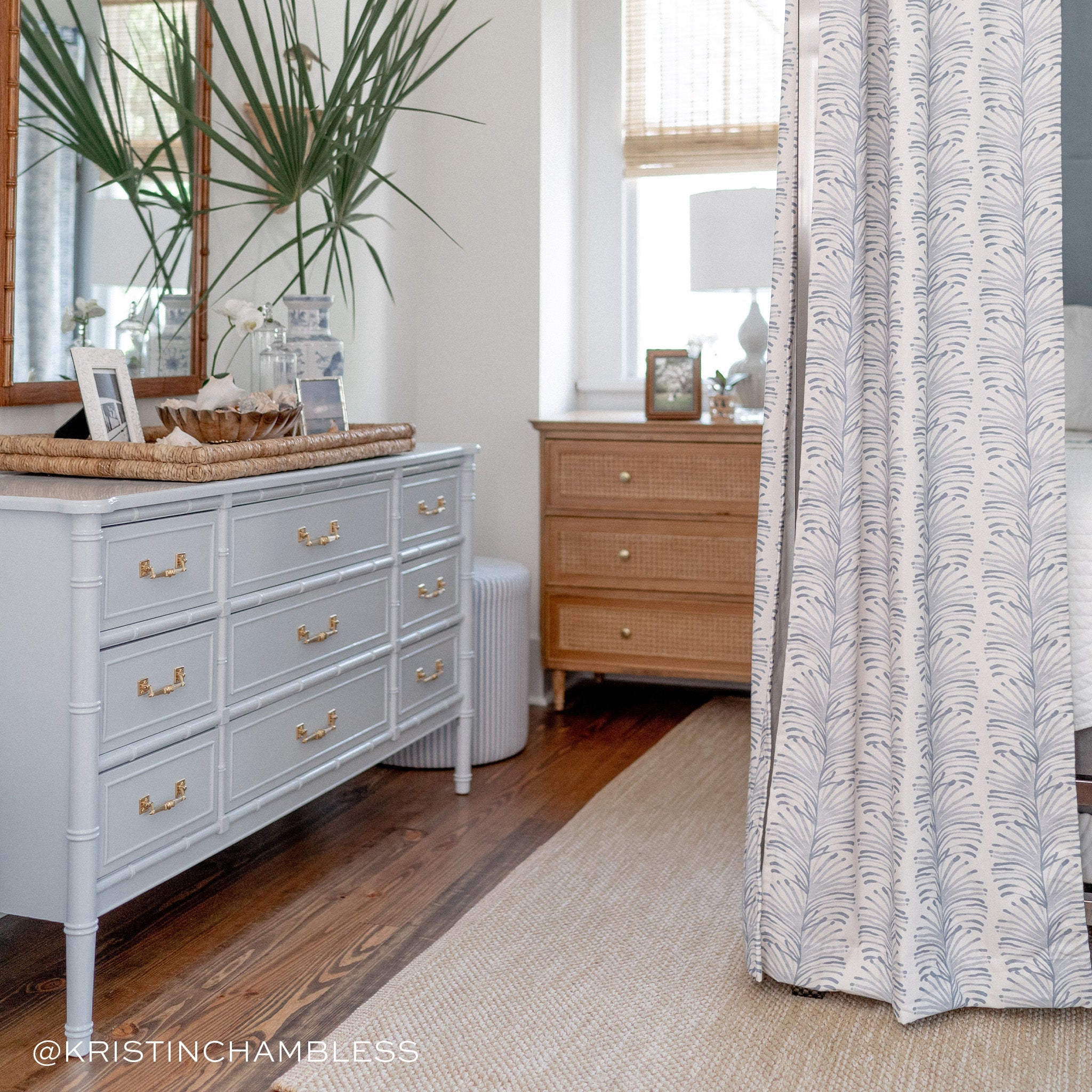 Emma Sky fabric curtains with subtle blue botanical pattern, made-to-order in the USA with short lead times and quality craftsmanship