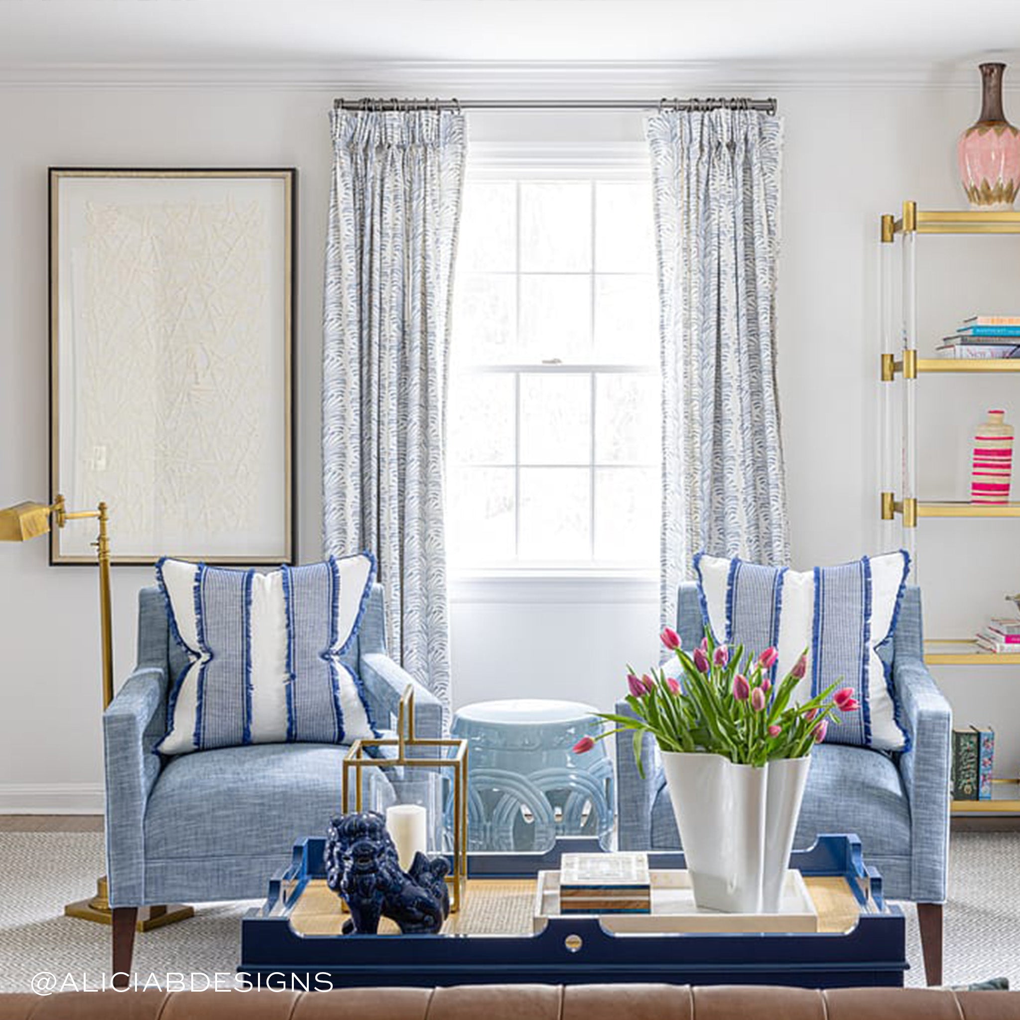 Emma Sky curtains with delicate blue pattern, made-to-order in the USA with short lead times and quality craftsmanship