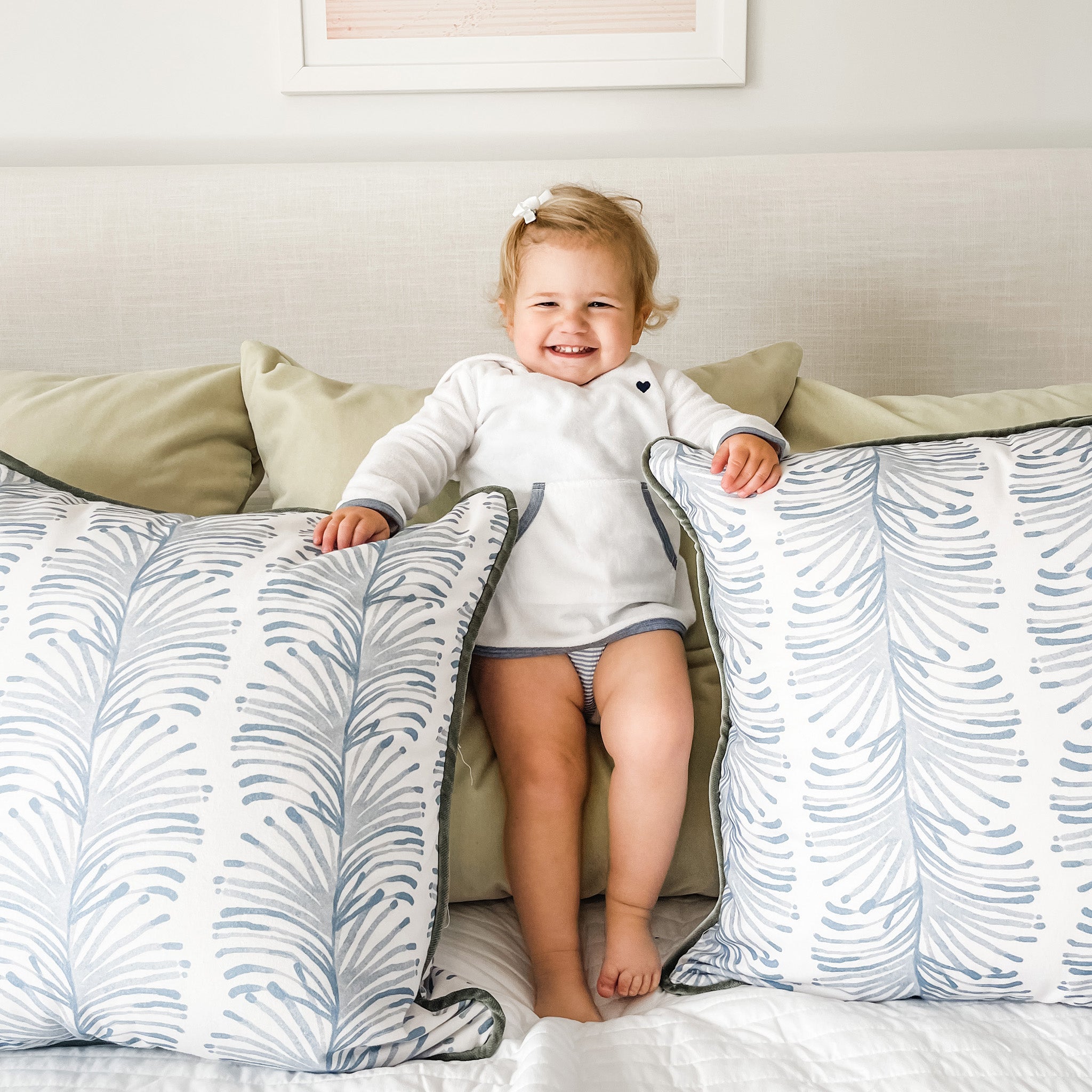 Emma Sky pillows with blue abstract leaf pattern, made-to-order in the USA with short lead times and quality craftsmanship