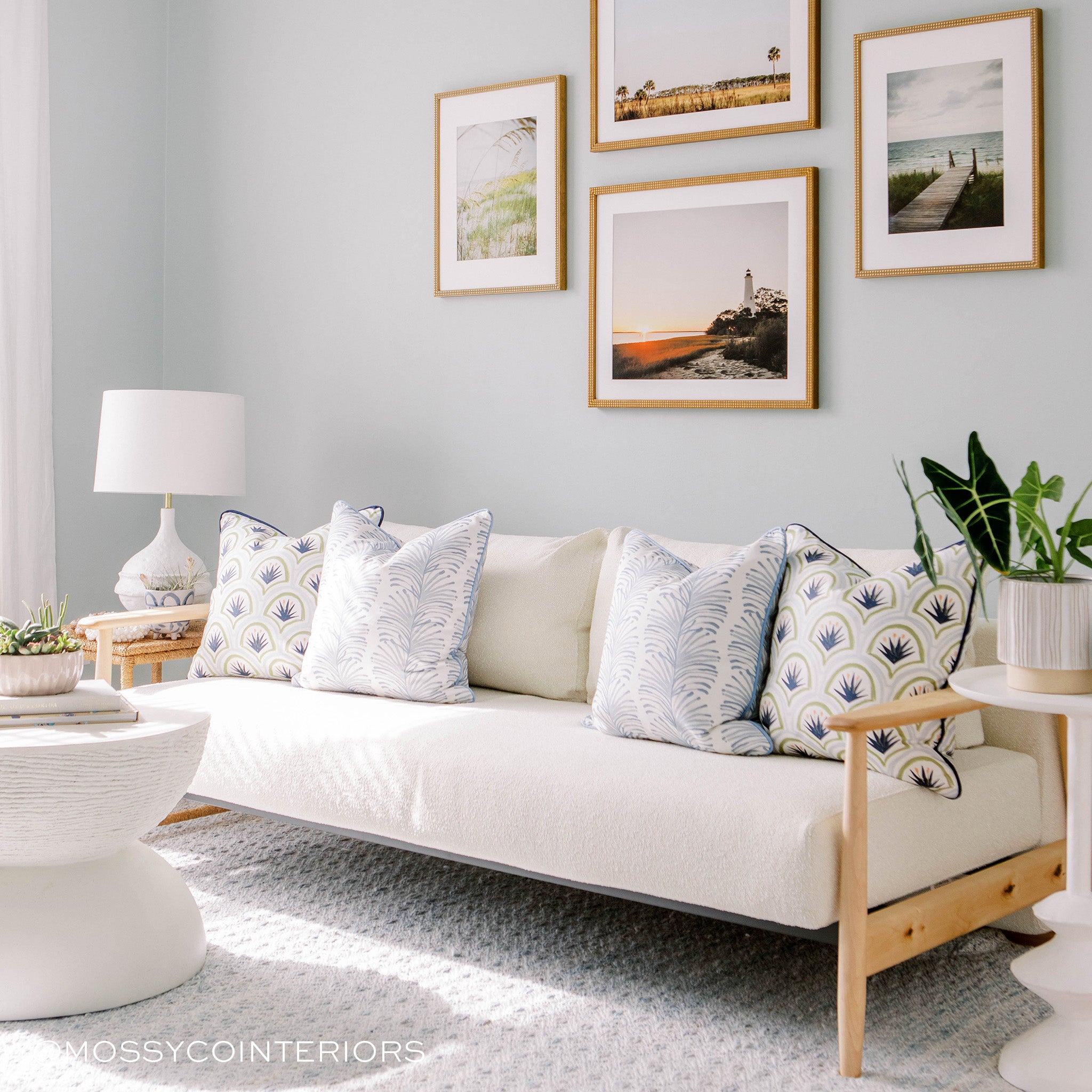Emma Sky pillows with blue botanical patterns on neutral sofa, made-to-order in the USA with short lead times and quality craftsmanship