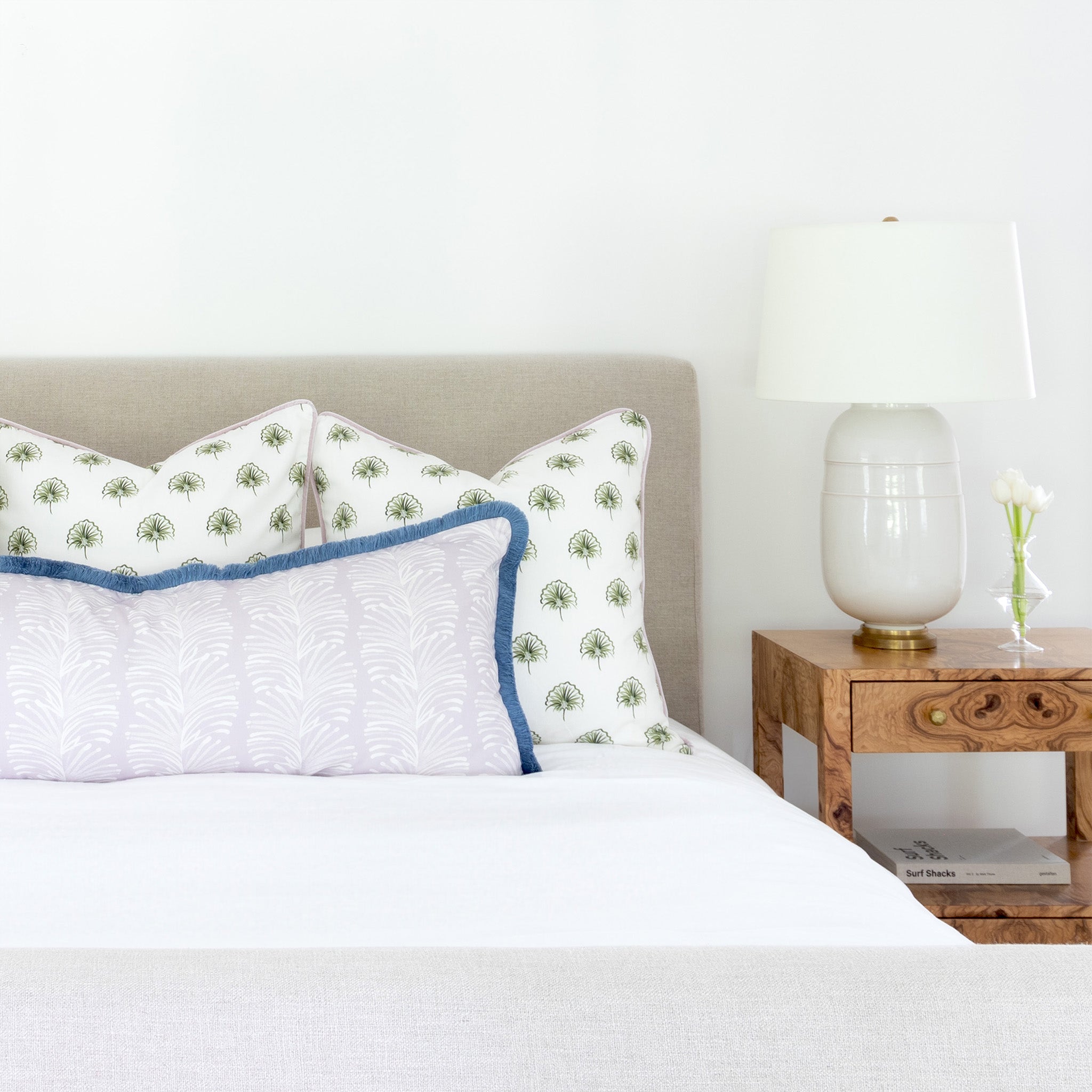 Emma Lavender fabric pillow with subtle white fern pattern and blue trim, made-to-order in the USA with short lead times and quality craftsmanship