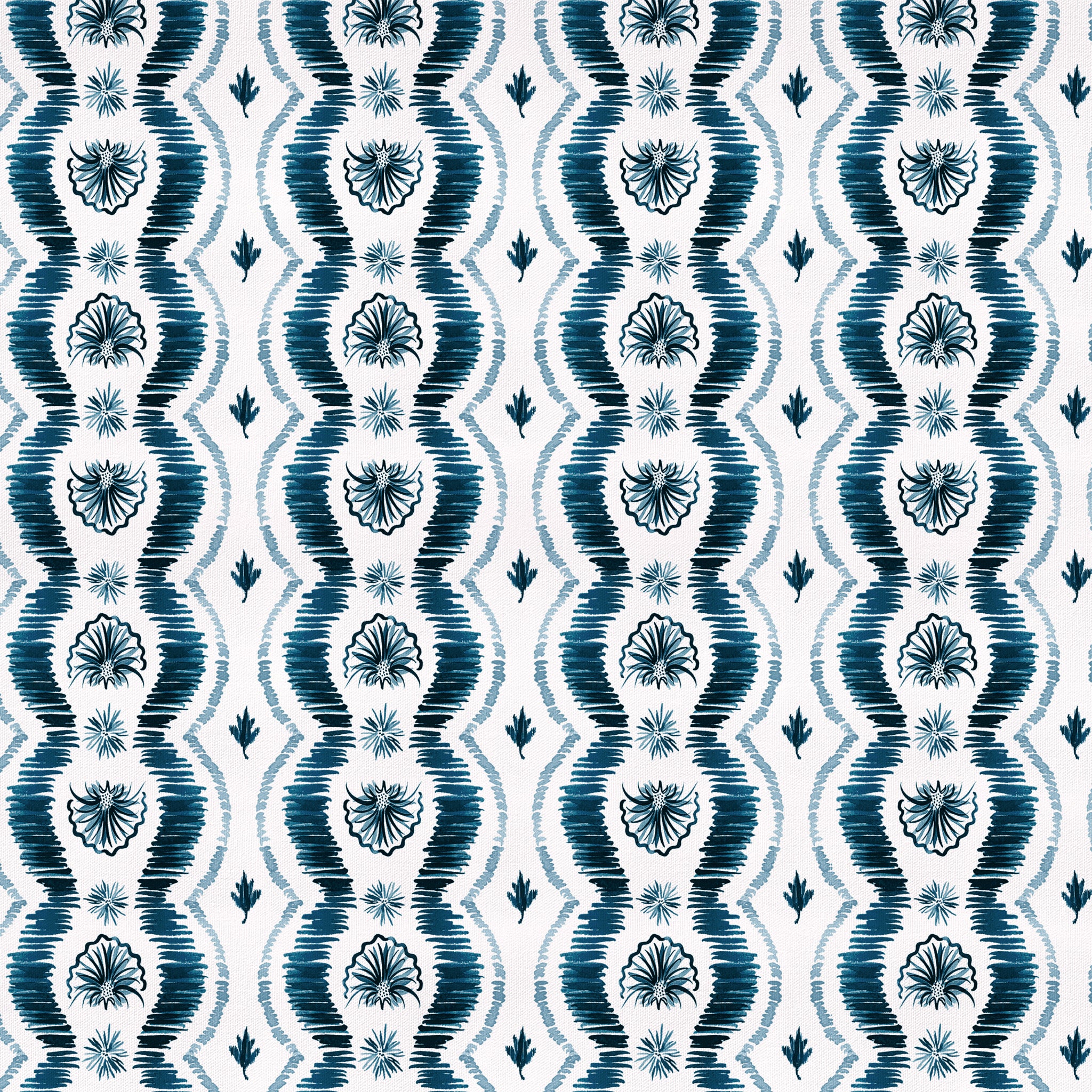 Alice fabric featuring blue botanical stripes on white background, made-to-order with quick turnaround and USA craftsmanship
