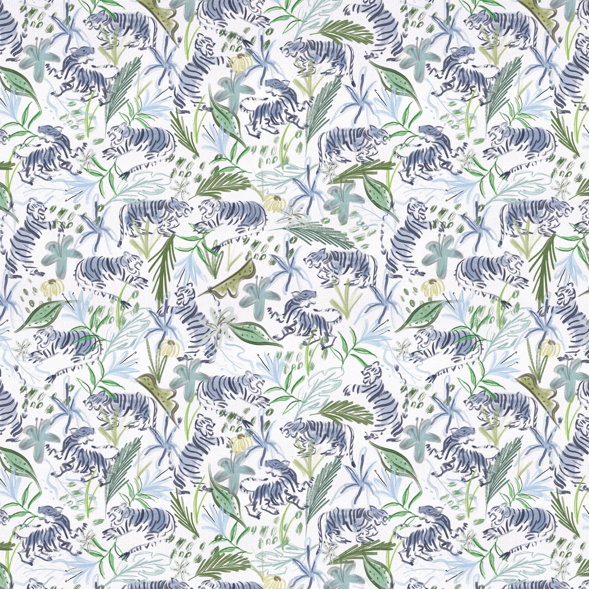 Frida Green fabric with hand-drawn green foliage and tiger motifs, made-to-order, short lead times, manufactured in the USA