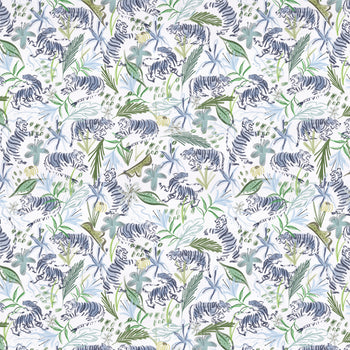 Frida Green fabric with hand-drawn green foliage and tiger motifs, made-to-order, short lead times, manufactured in the USA
