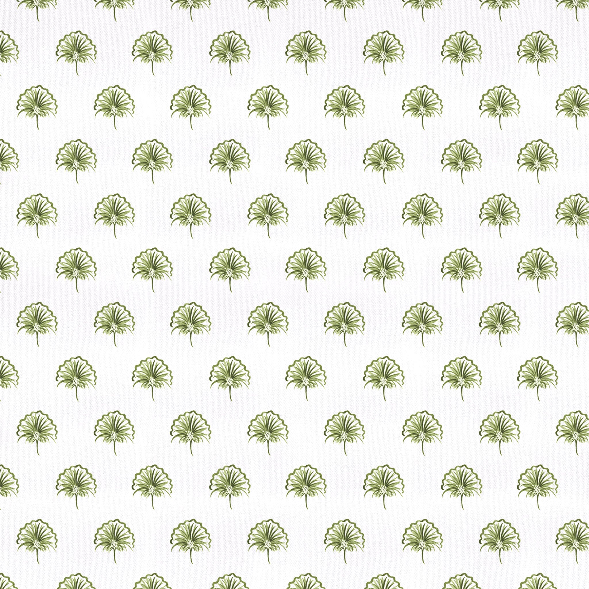 Penelope Moss fabric with green botanical motifs on white cotton, made-to-order in the USA with fast lead times and quality.