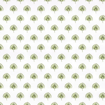 Penelope Moss fabric with green botanical motifs on white cotton, made-to-order in the USA with fast lead times and quality.