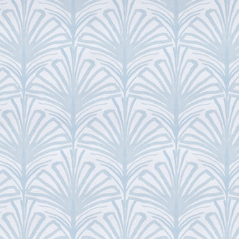 Suzy Sky fabric in soft blue cotton with stylized leaf pattern, made-to-order, short lead times, crafted in the USA
