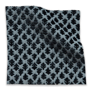 Quinn Aegean fabric swatch in soft blue with textured black floral pattern, perfect for custom made-to-order decor projects