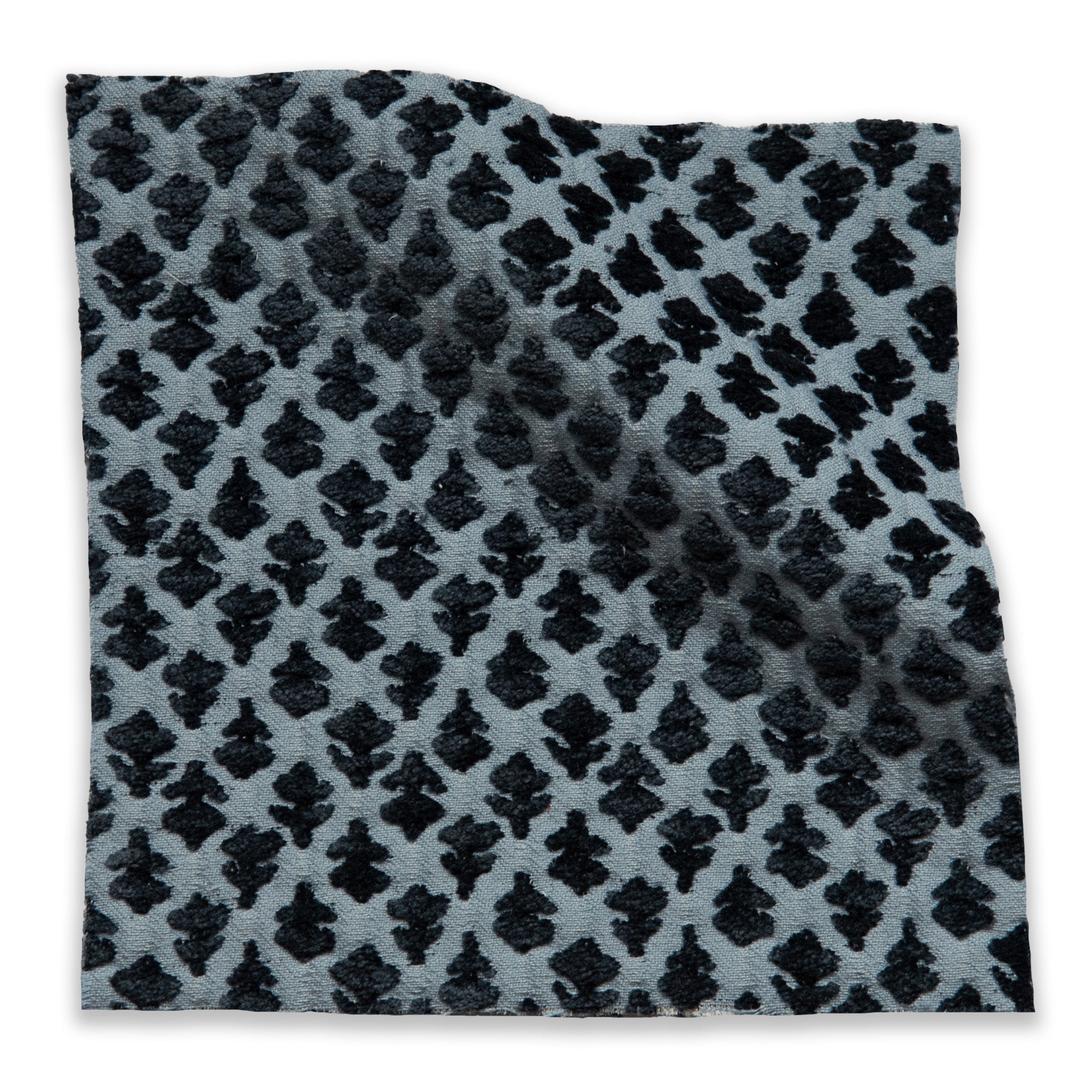 Quinn Aegean fabric swatch in soft blue with textured black floral pattern, perfect for custom made-to-order decor projects