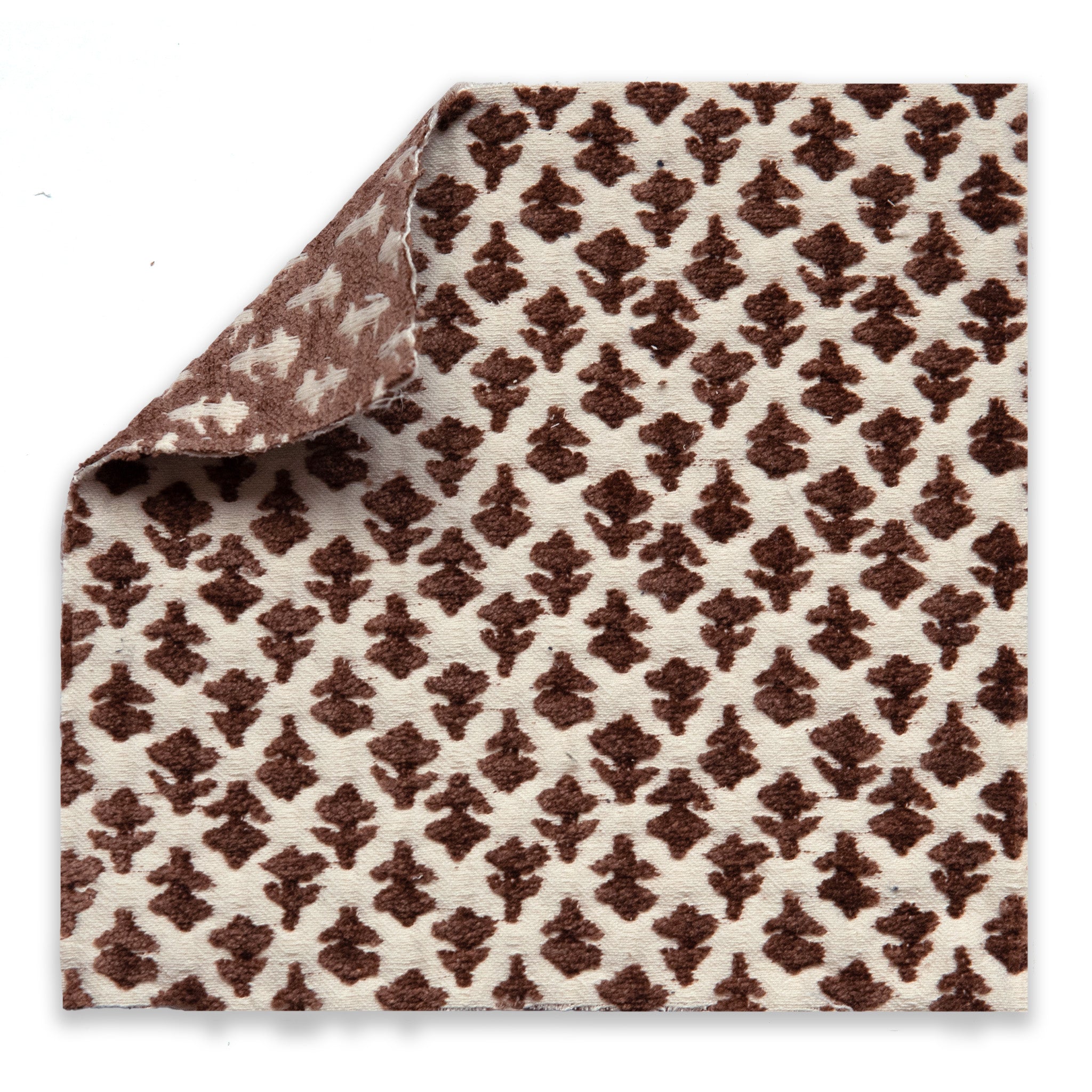 Quinn Chestnut fabric in rich brown and cream with textured fleur-de-lis pattern, ideal for quick custom upholstery projects
