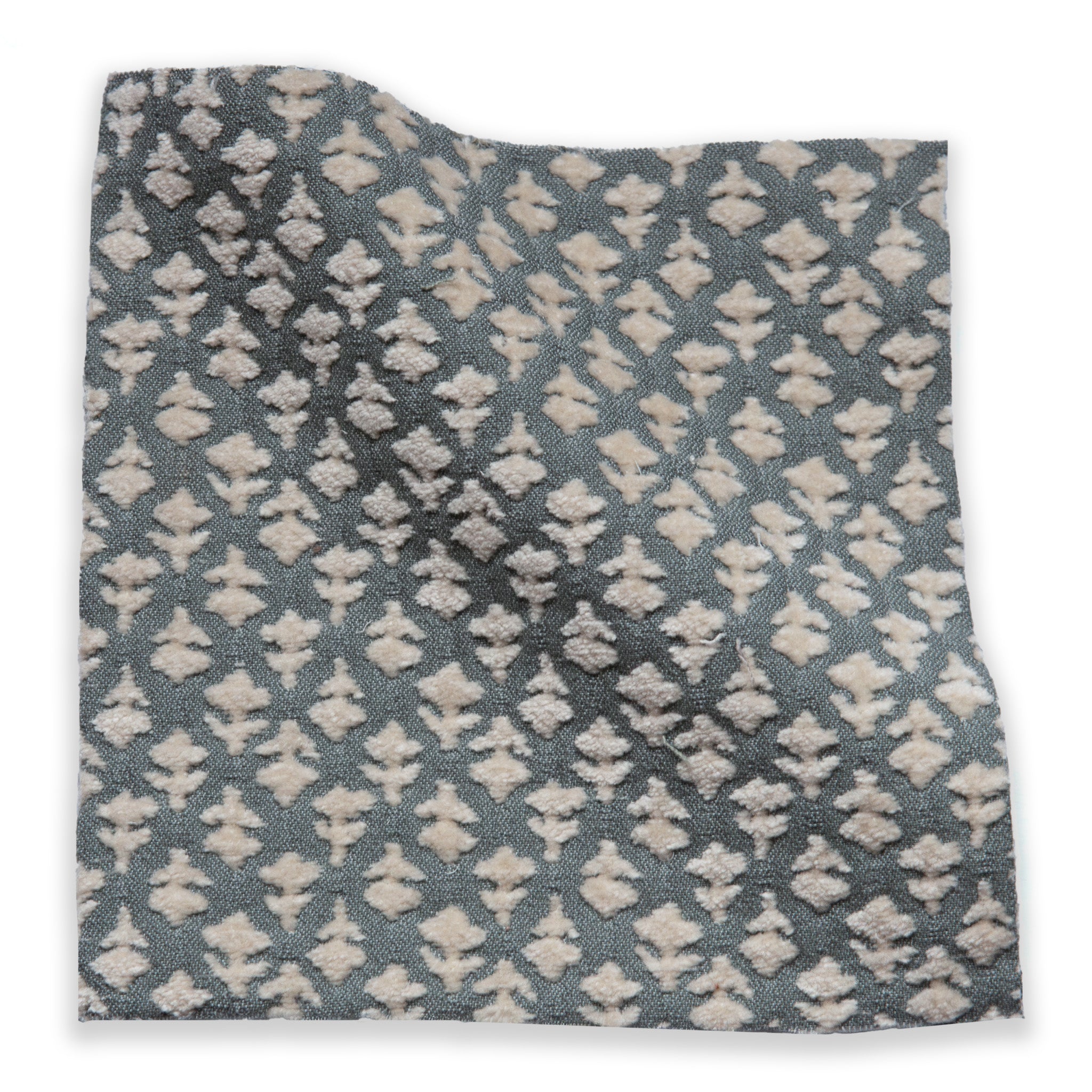 Quinn Steel fabric with a textured soft gray and cream geometric pattern, made-to-order designer quality textile