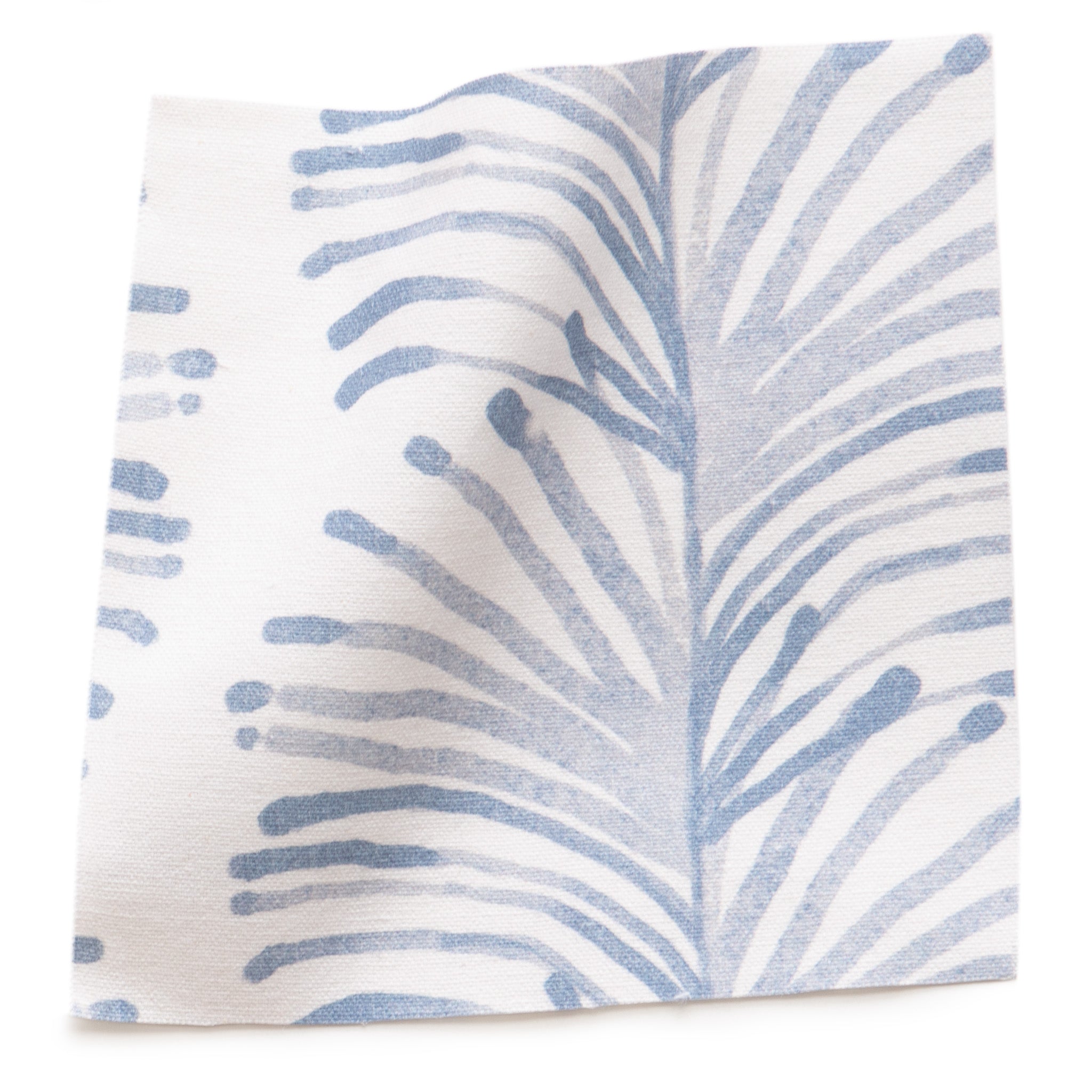 Emma Sky fabric swatch with soft blue botanical print, made-to-order, short lead times, manufactured in the USA