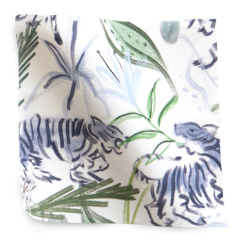 Frida Green Pillow fabric detail with hand-painted tiger and botanical design, made-to-order, short lead times, made in the USA