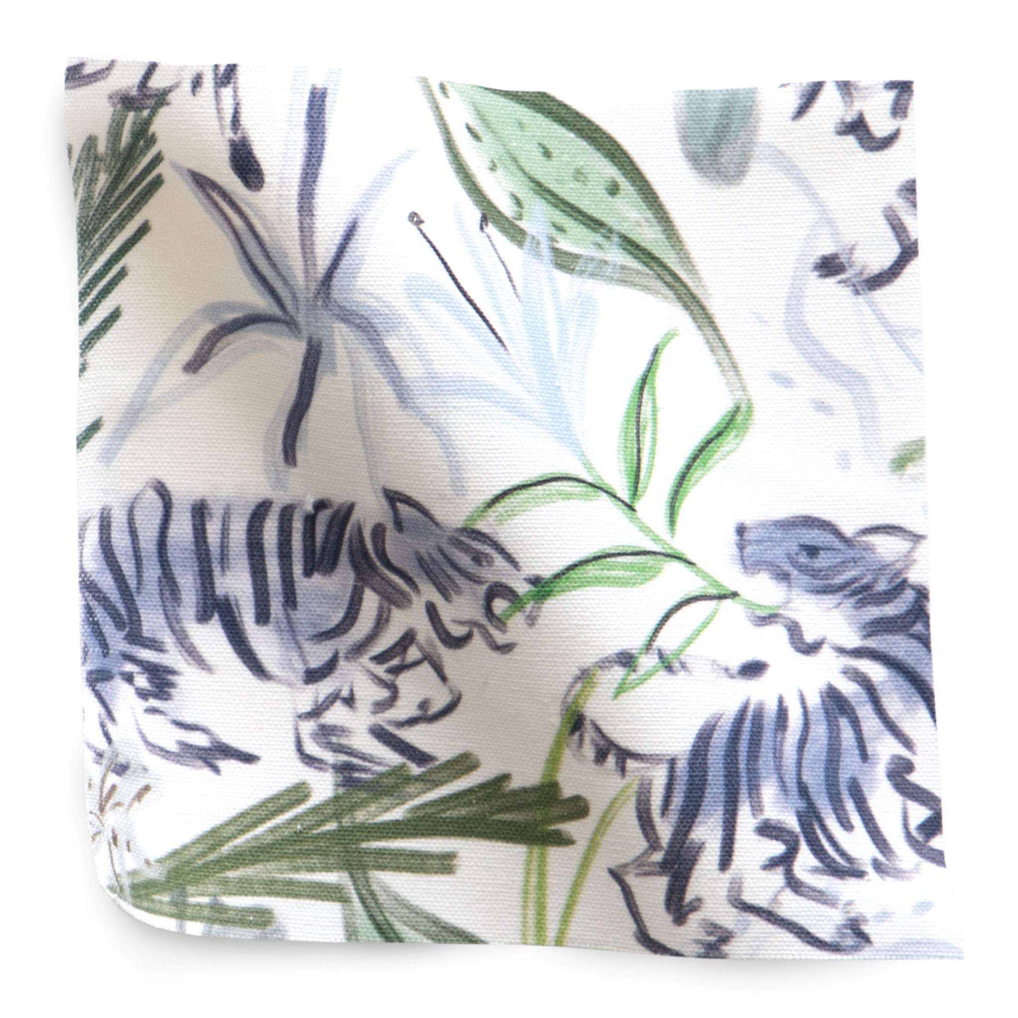 Frida Green Pillow fabric detail with hand-painted tiger and botanical design, made-to-order, short lead times, made in the USA