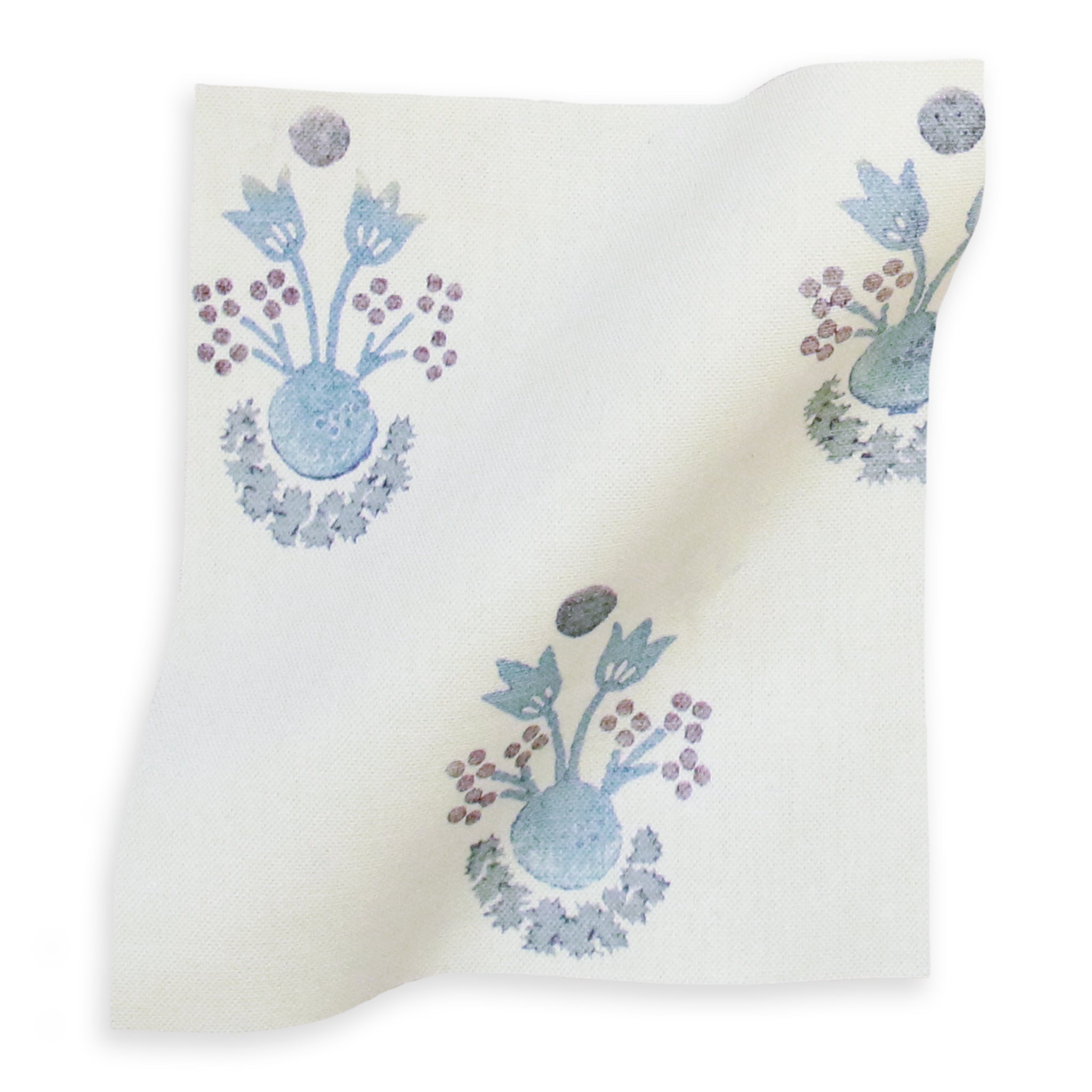 Lucie Cornflower fabric with delicate blue floral motifs on soft cream, made-to-order, quick turnaround, crafted in the USA quality