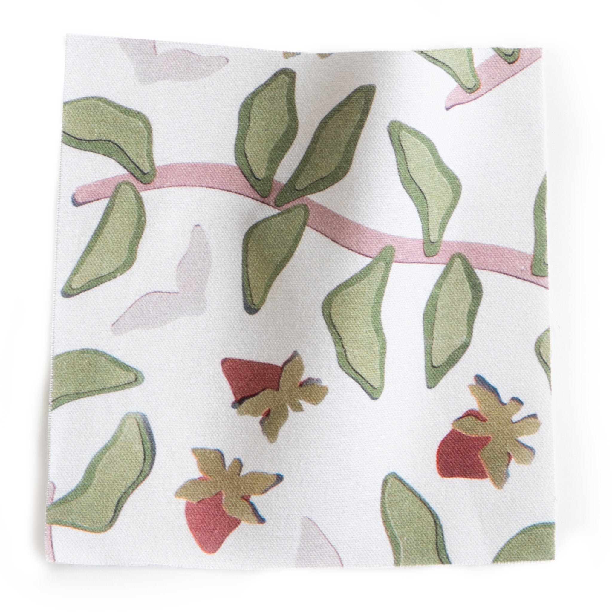 Nellie Curtain (sold per panel) fabric swatch with green leaves and soft pink accents, made-to-order in the USA with fast lead times