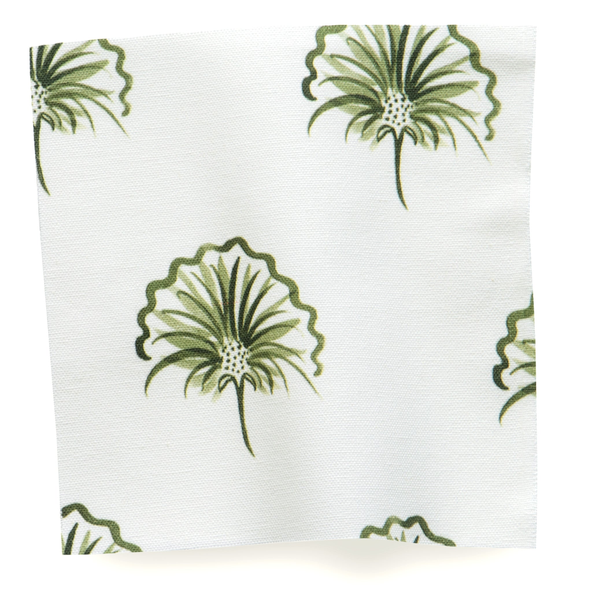 Penelope Moss Shower Curtain fabric swatch with green botanical print on white, made-to-order with quick USA craftsmanship.