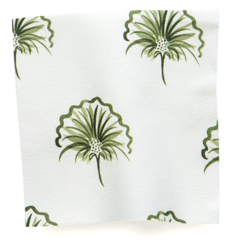 Penelope Moss Shower Curtain fabric swatch with green botanical print on white, made-to-order with quick USA craftsmanship.