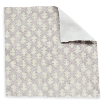 Quinn Wisteria fabric in soft lavender with an elegant white geometric pattern, customizable and made-to-order quality cotton.