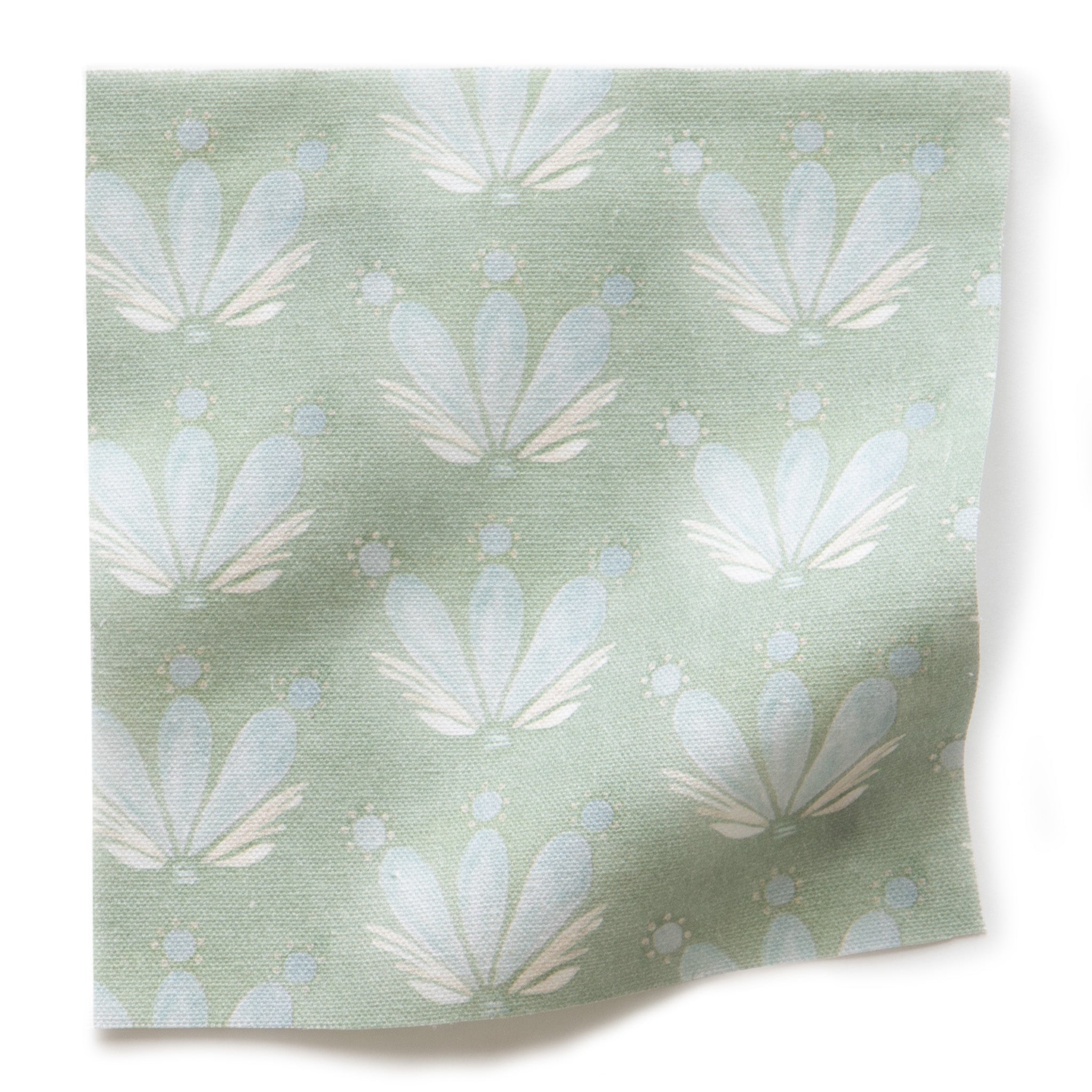 Serena Sea Salt fabric sample in soft green with light blue floral print, made-to-order in the USA with quick turnaround