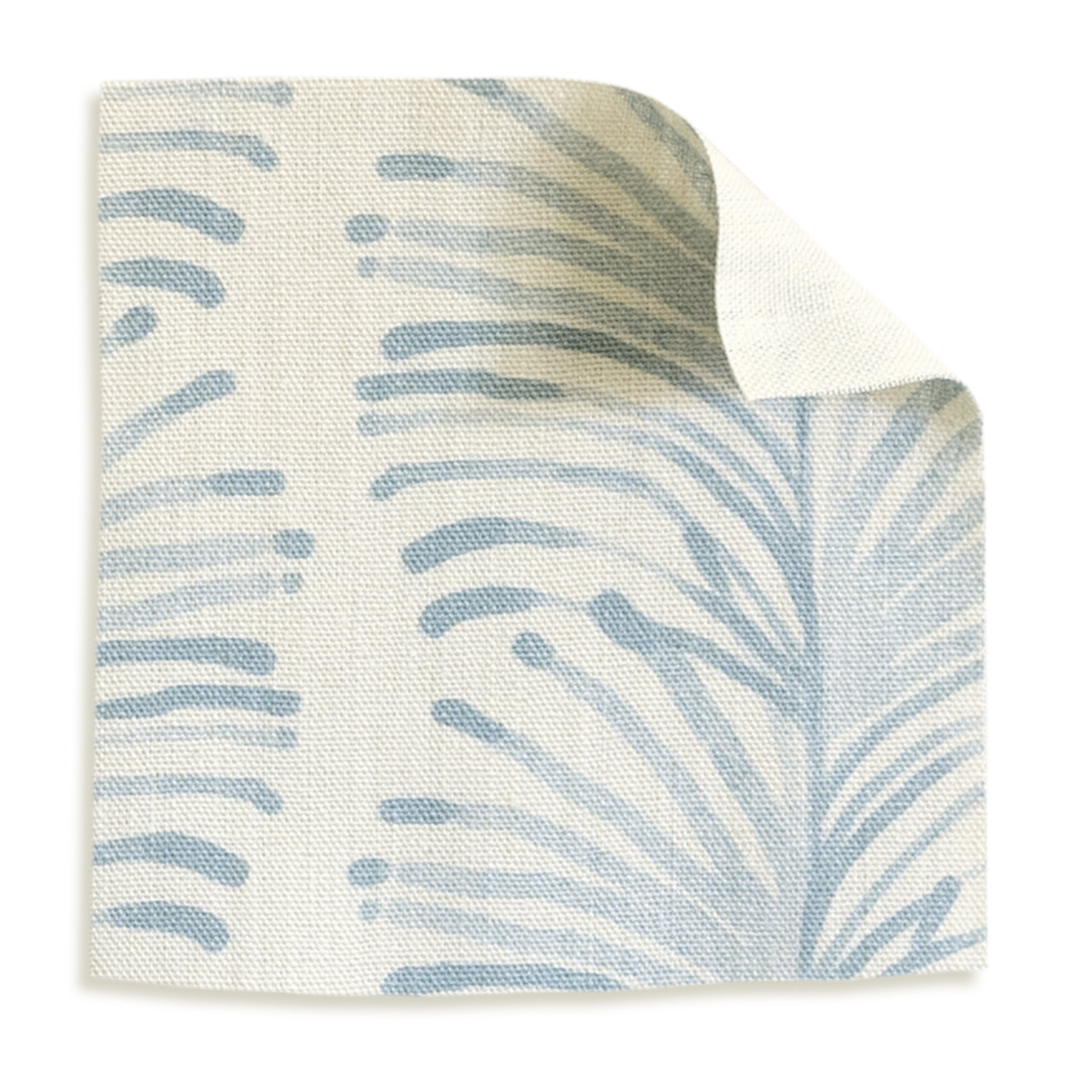 Emma Sky fabric swatch showing custom printed linen with soft coastal-inspired blue palm leaf design.