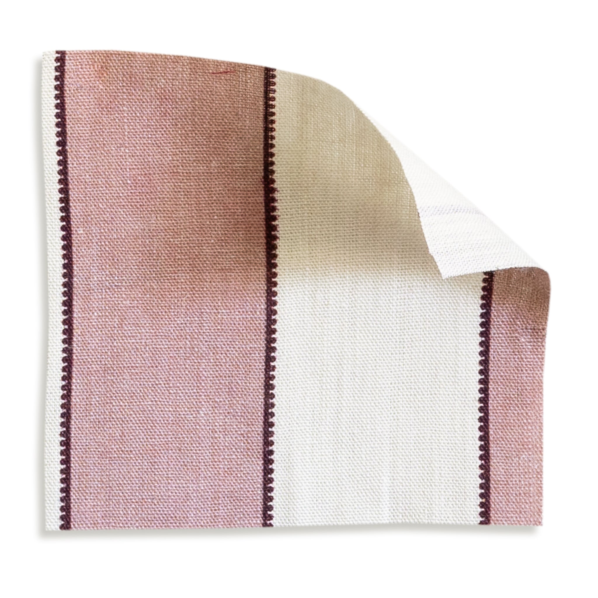 Florence Rosewood Scalloped fabric swatch featuring textured stripes in rosewood and cream tones with detailed edging.