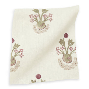 Lucie Clay fabric swatch in printed linen with floral motifs, made-to-order, short lead times, manufactured in the USA
