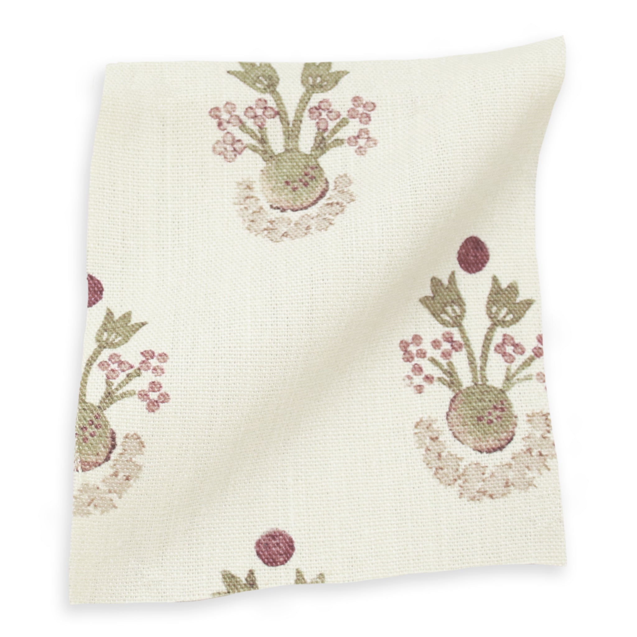 Lucie Clay fabric swatch in printed linen with floral motifs, made-to-order, short lead times, manufactured in the USA