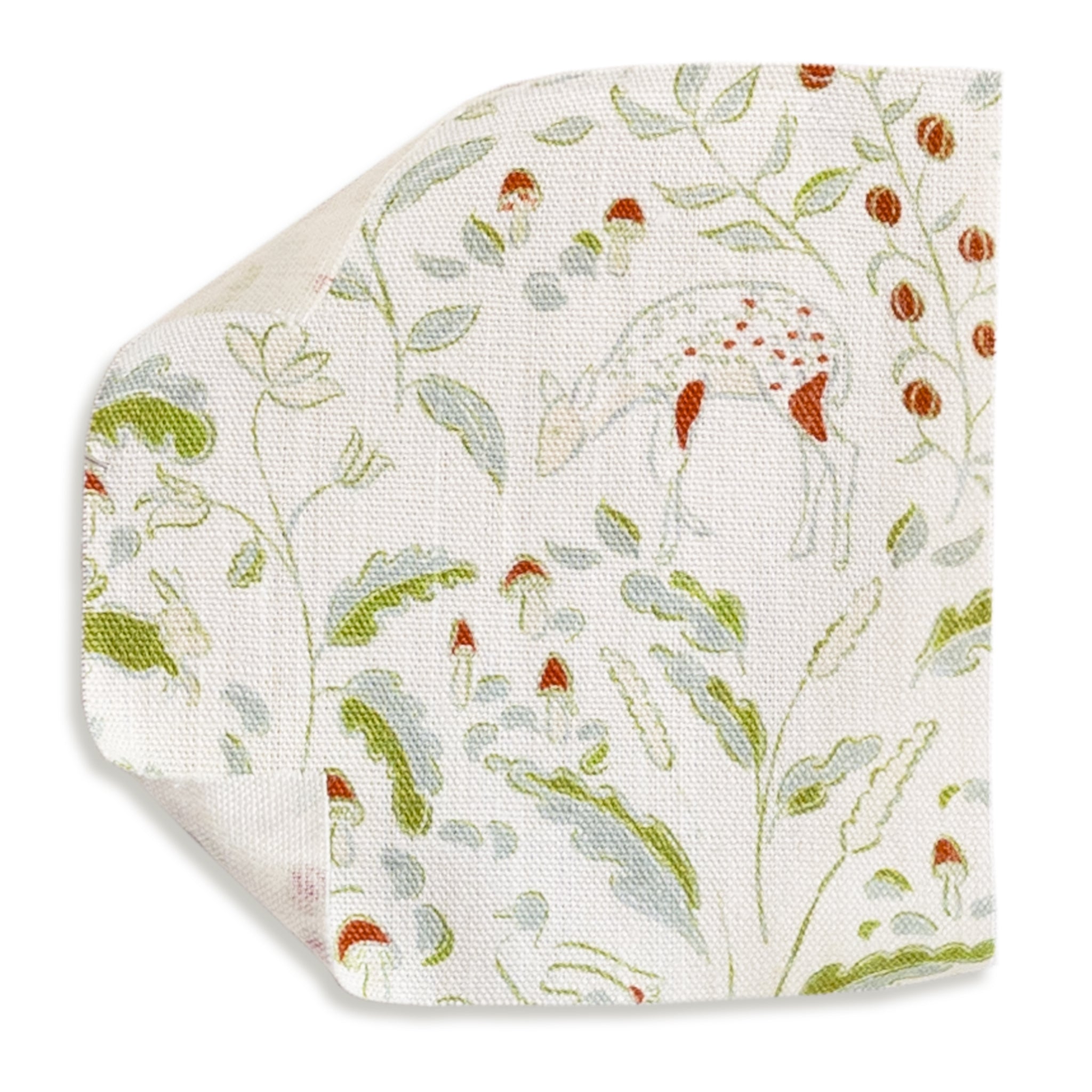 Ruby Moss fabric swatch with whimsical nature pattern, perfect for Pepper Home custom made-to-order curtains and décor.